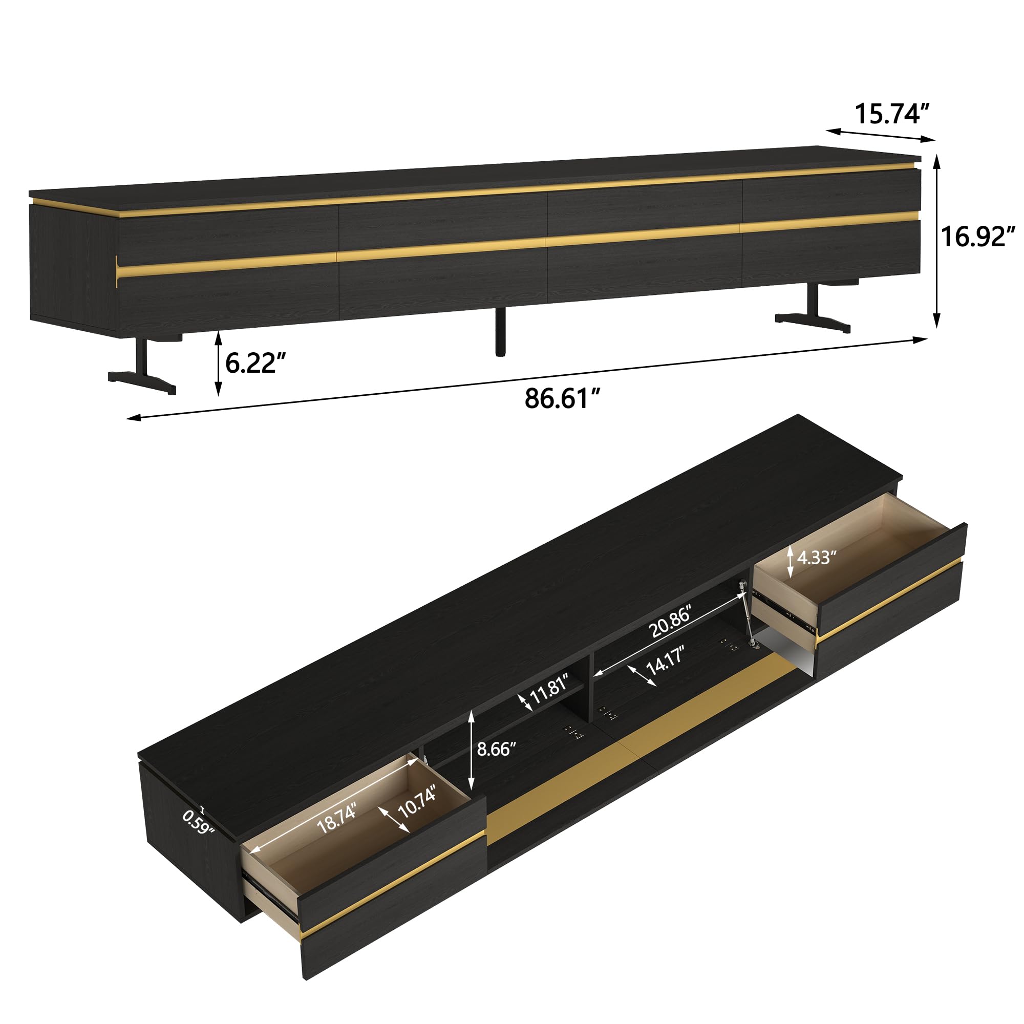 86.61" Modern Black TV Stand with Storage