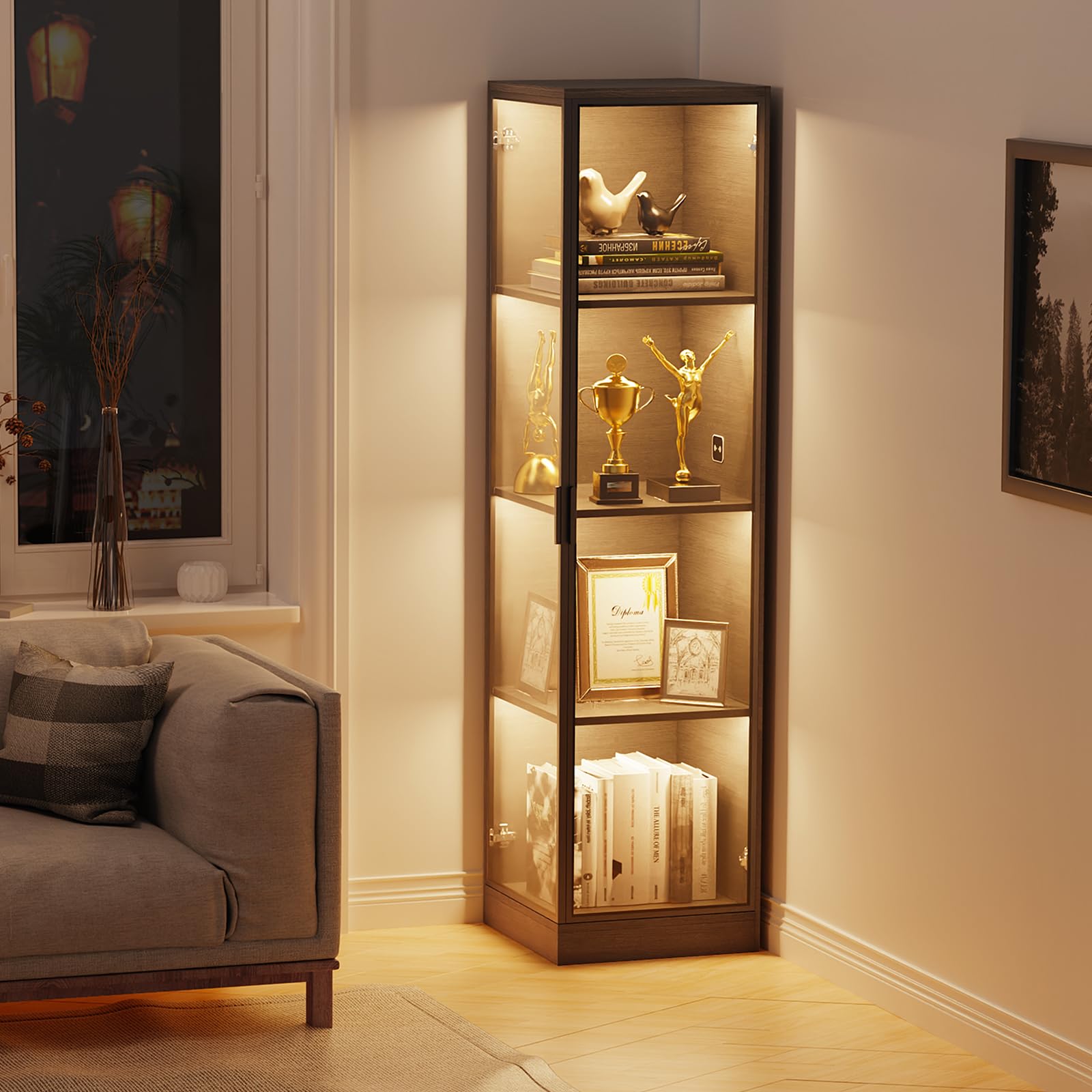 4-Tier Corner Display Cabinet with LED Lighting & Motion Sensor