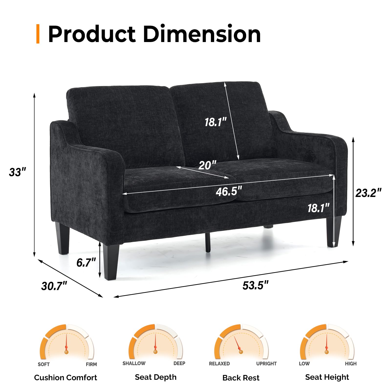 VINGLI Loveseat Sofa Set for Living Room, Mid-Century Modern Couch and Love Seat Set,53" Loveseat+71" Small Couch for Bedroom Sofa Furniture for Small Spaces Apartment (Black)