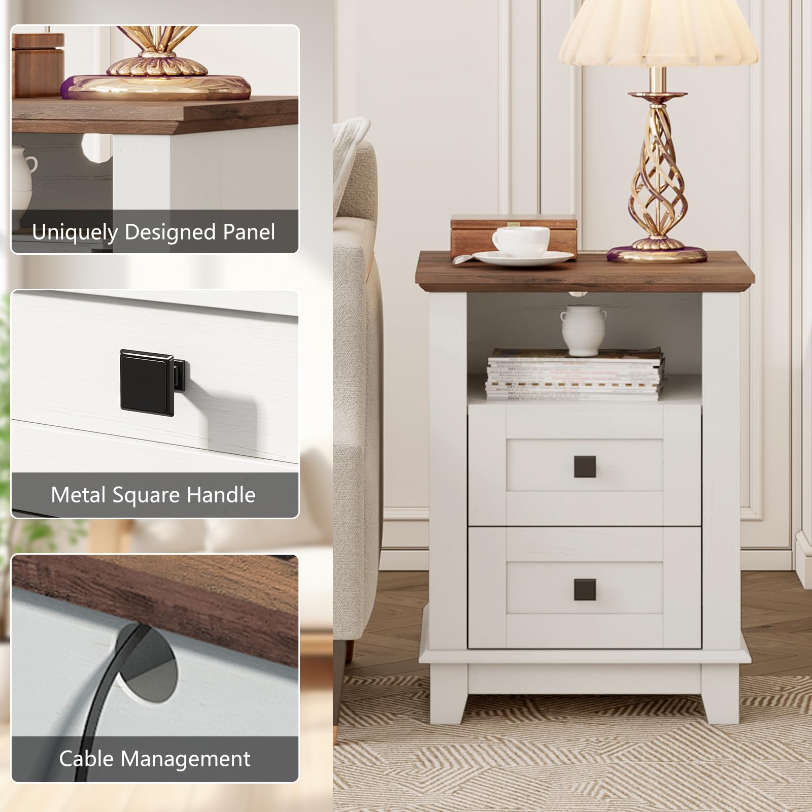 LUXOAK Farmhouse Nightstand Set of 2 with Charging Station, End Tables with 2 Storage Drawers & Open Shelf, Rustic Wood Bedside Tables for Bedroom, Living Room & Office, White/Barnwood