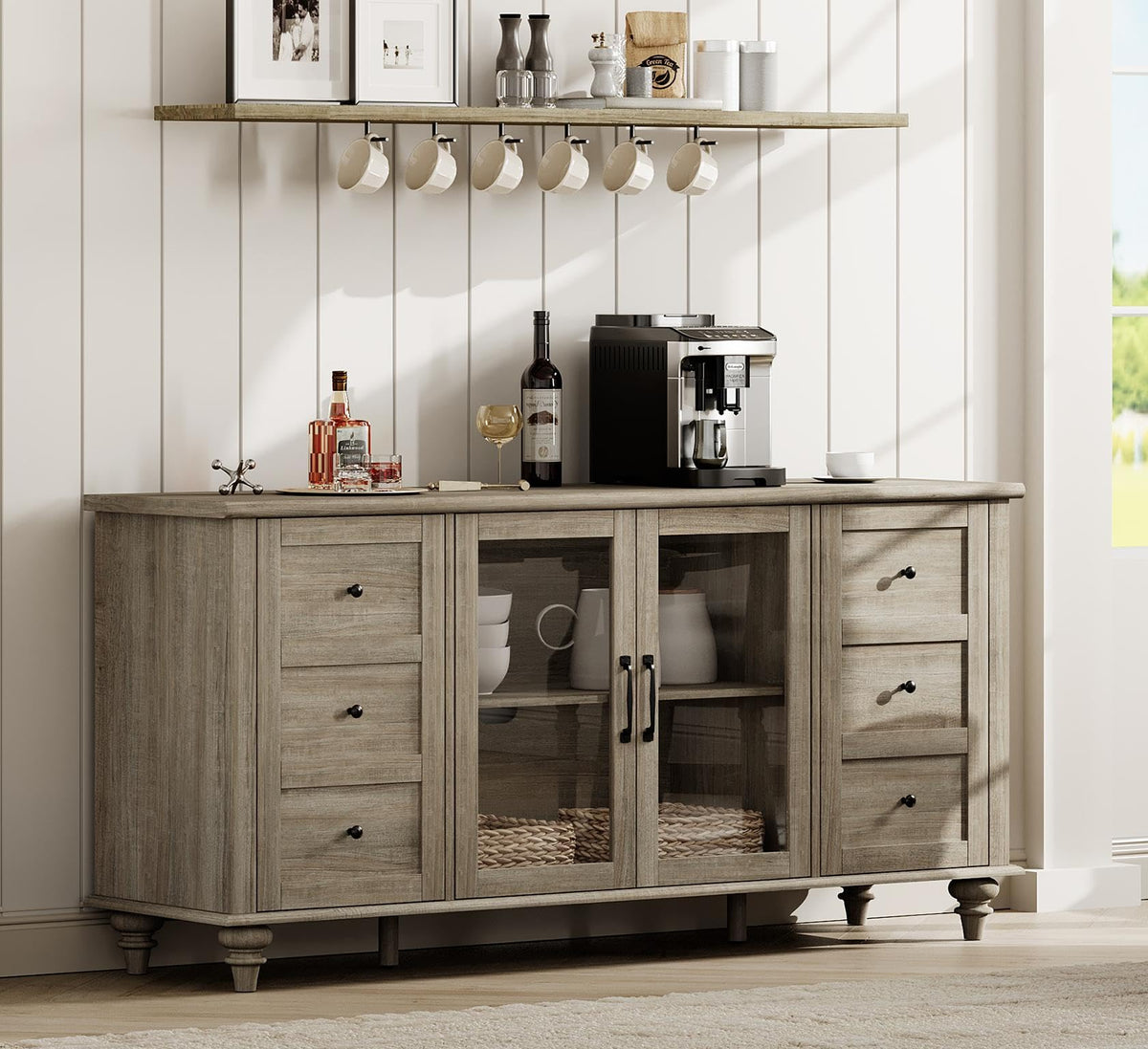 WAMPAT Farmhouse Sideboard Buffet Cabinet with Glass Door & Adjustable Shelf, Wooden Coffee Bar Table with Solid Wood Leg, Kitchen Storage Cabinet for Dining Room, Grey, 58 Inch