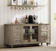 WAMPAT Farmhouse Sideboard Buffet Cabinet with Glass Door & Adjustable Shelf, Wooden Coffee Bar Table with Solid Wood Leg, Kitchen Storage Cabinet for Dining Room, Grey, 58 Inch
