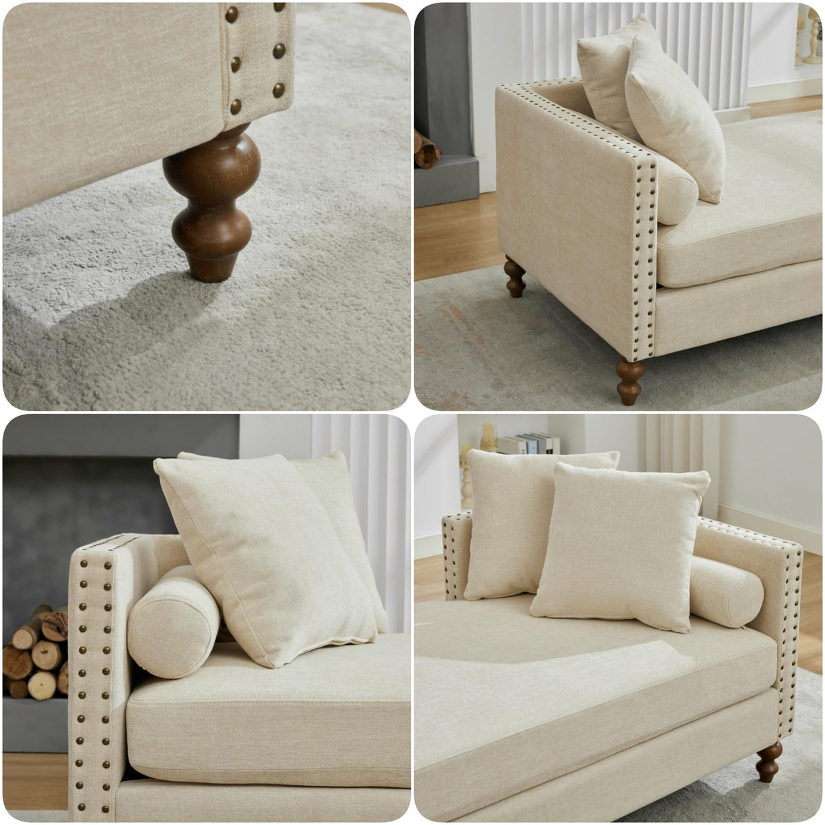 KEIKI 75" Chenille Indoor Chaise Lounge Chair with 4 Pillows, 2 Bolsters & Nailheads, Upholstered Sleeper Sofa Couch Day Bed, Rubber Wood Legs Daybed Recliner Bench for Living Room Bedroom Apartment