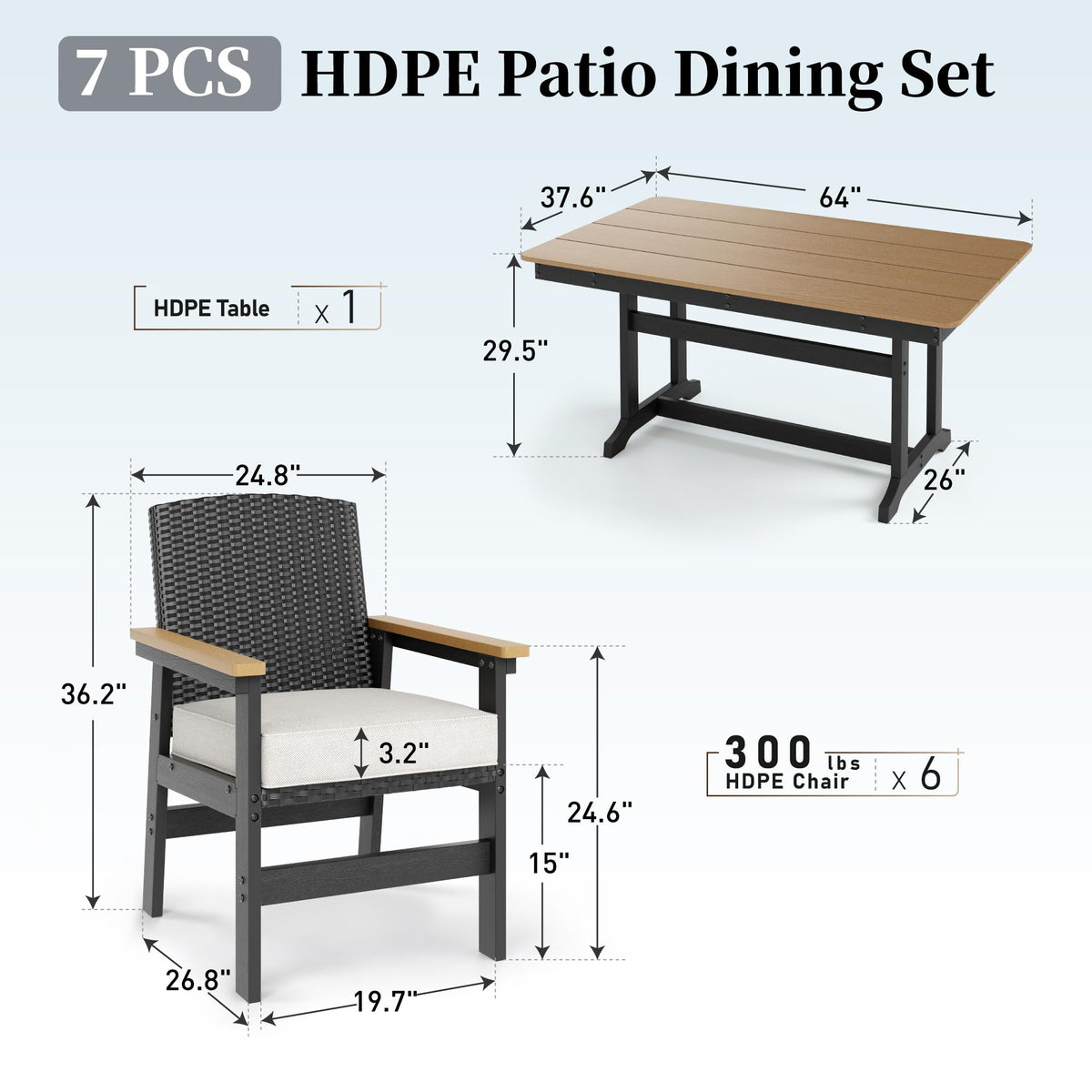 SUNSHINE VALLEY 7pc Patio Dining Set, HDPE 64" Table & 6 Chairs