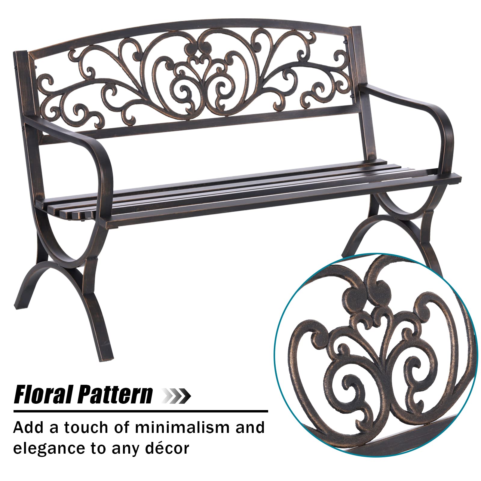 MFSTUDIO 50 Inches Outdoor Garden Bench, Cast Iron Metal Frame Patio Park Bench with Floral Pattern Backrest, Arch Legs for Porch, Lawn, Yard-Bronze