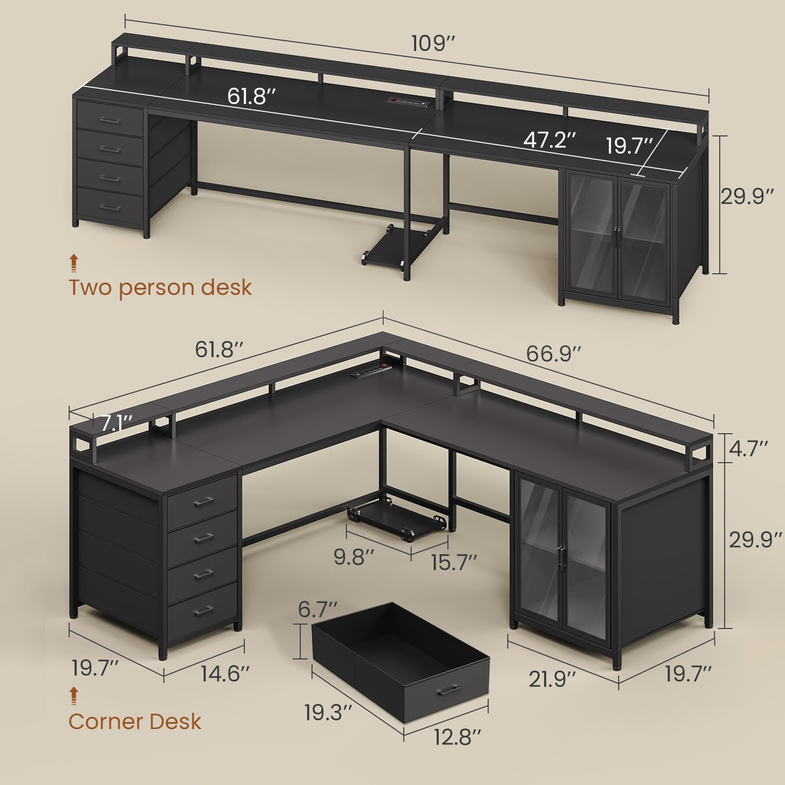 SEDETA L Shaped Gaming Desk with 4 Drawers, 109” Computer Desk with Display Cabinet, Home Office Desks with 2 Monitor Stands, CPU Stand, LED Lights and Power Outlet, Black