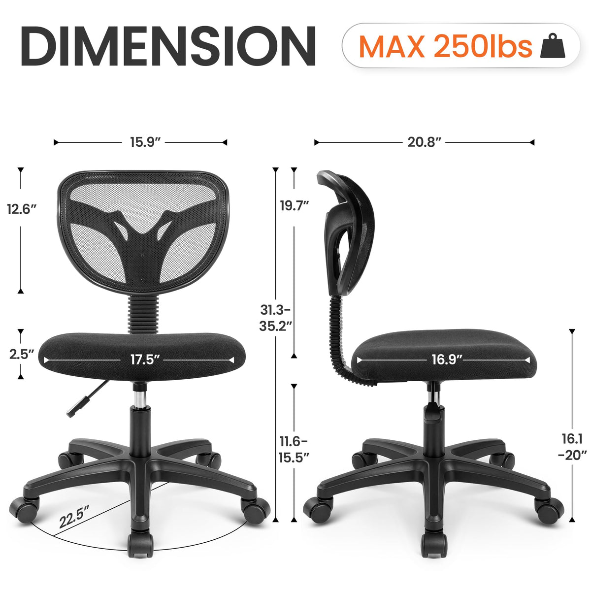 NEO CHAIR Small Office Chair with Wheels, Armless Mesh Desk Chair, Black