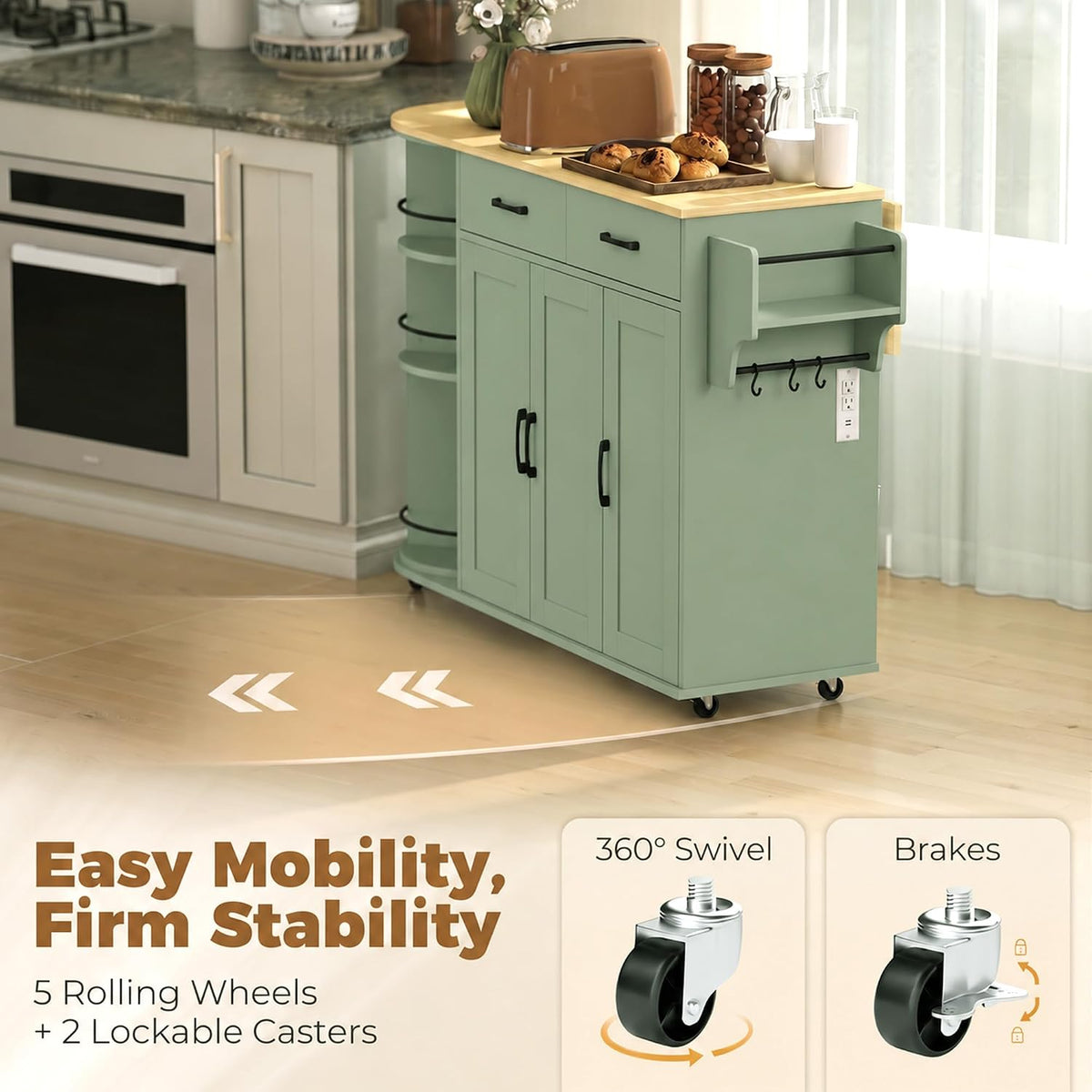 Sage Green Rolling Kitchen Island