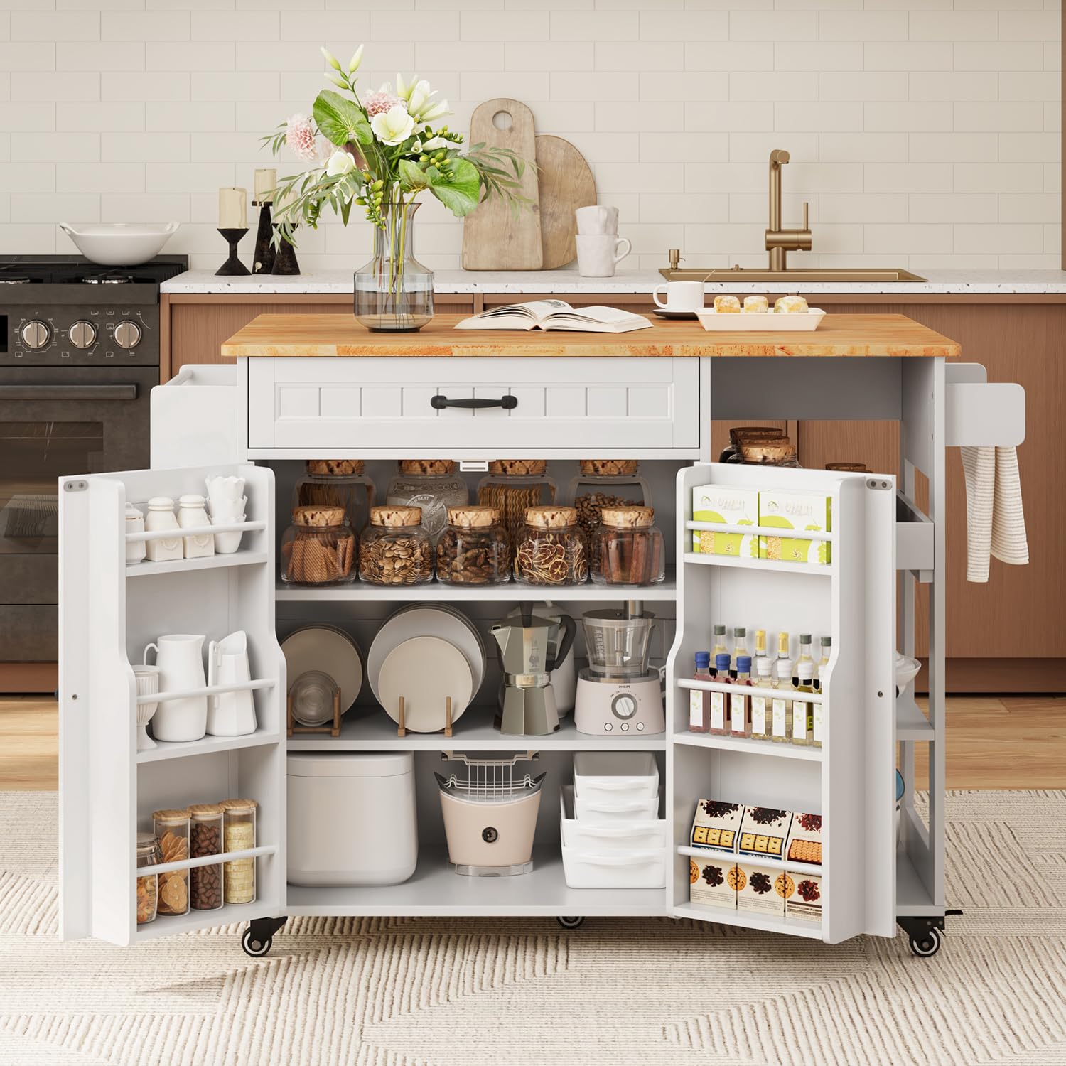 Gizoon Update Kitchen Island, 41.7" W Kitchen Island with Storage, Rolling Island Table on 5 Wheels, with Drop Leaf, Refrigerator Door, Adjustable Shelf, Spice/Towel Rack, Removable Tray, White