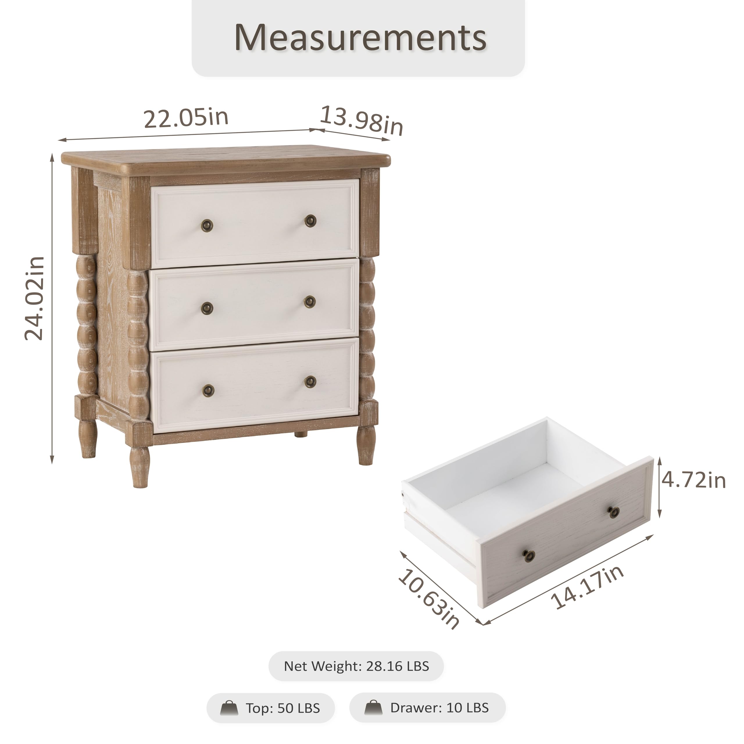 COZAYH Farmhouse 3-Drawer Dresser, Rustic Wood Chest with Turned Legs, Vintage Nightstand Storage Cabinet for Bedroom, Distressed Natural & White Finish, Almost Fully Assembled