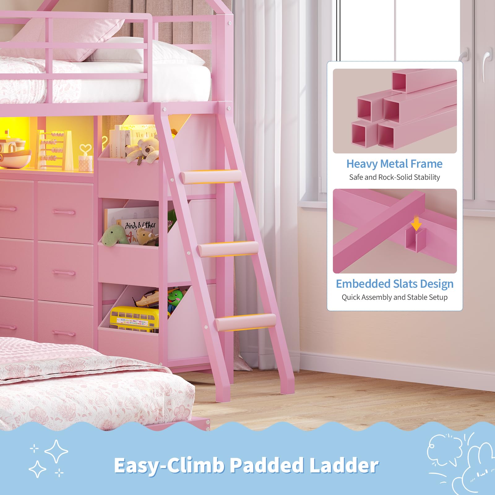 Twin Over Twin House Bunk Bed with LED Lights & Storage