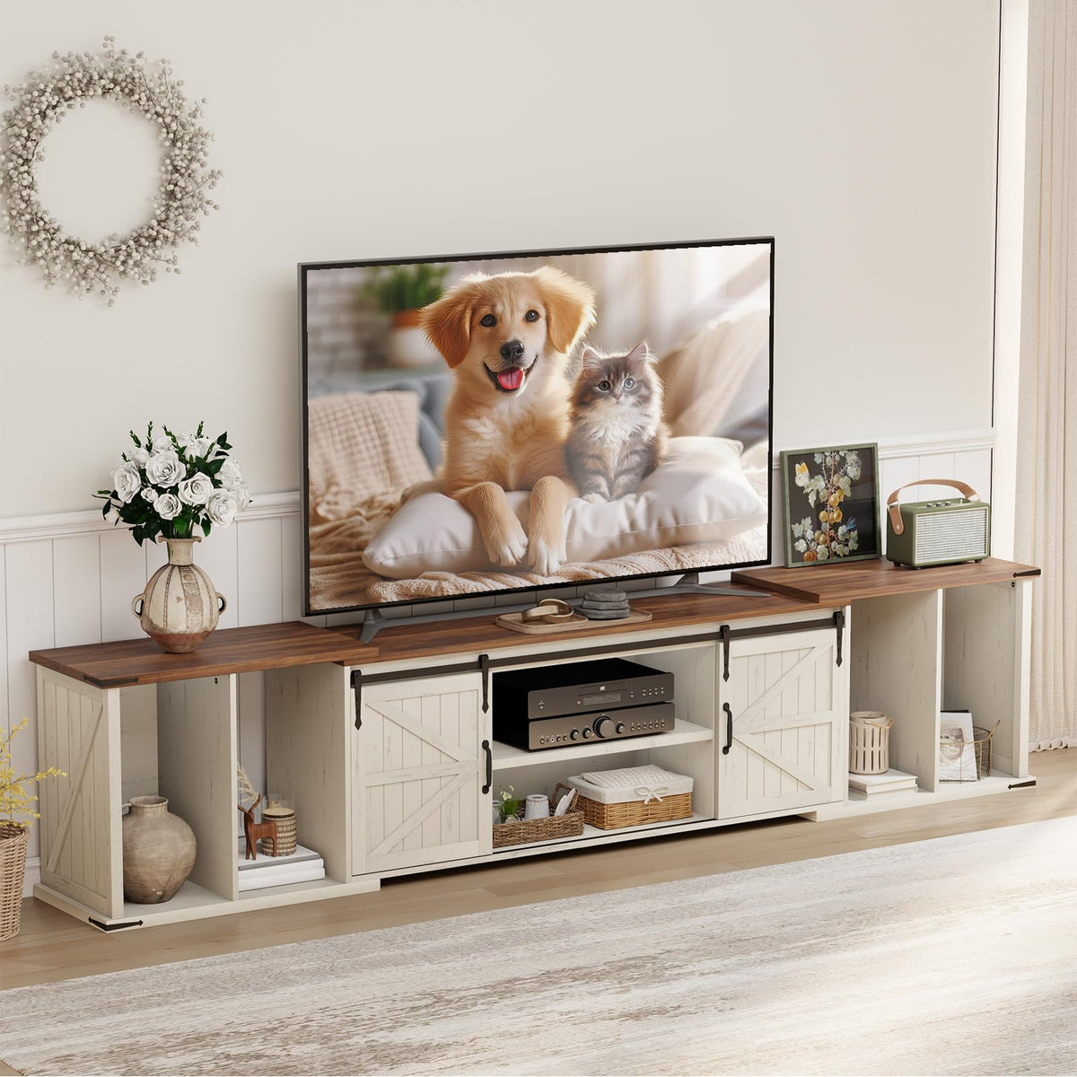 ALLSTAND Extendable TV Stand, Entertainment Center for 85 95 105 Inch TV, Farmhouse TV Stand with Large Capacity Storage and Sliding Doors, Media Console for Living Room, Length 86"-113", White
