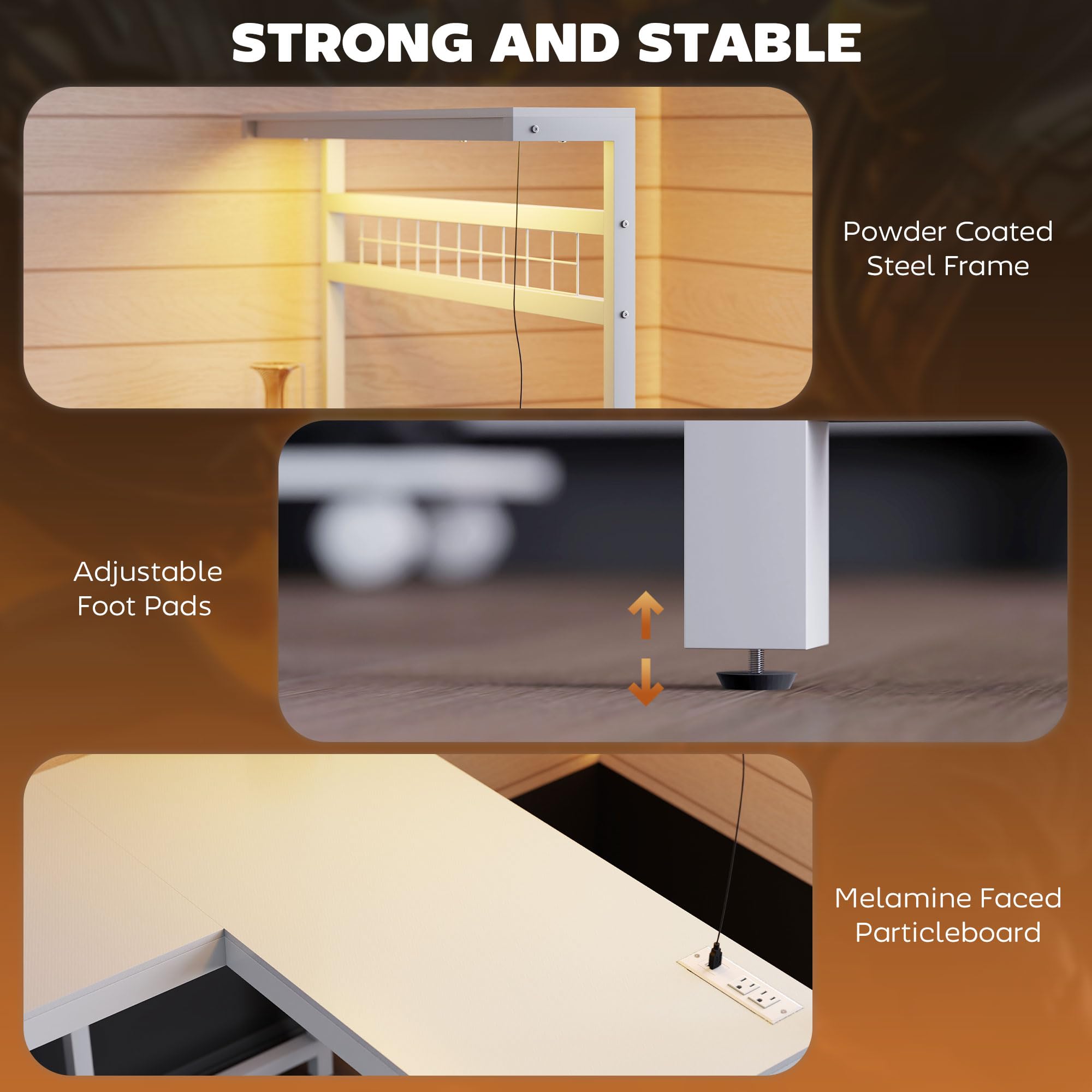 L-Shaped Gaming Desk with LED Lights & Power Outlets