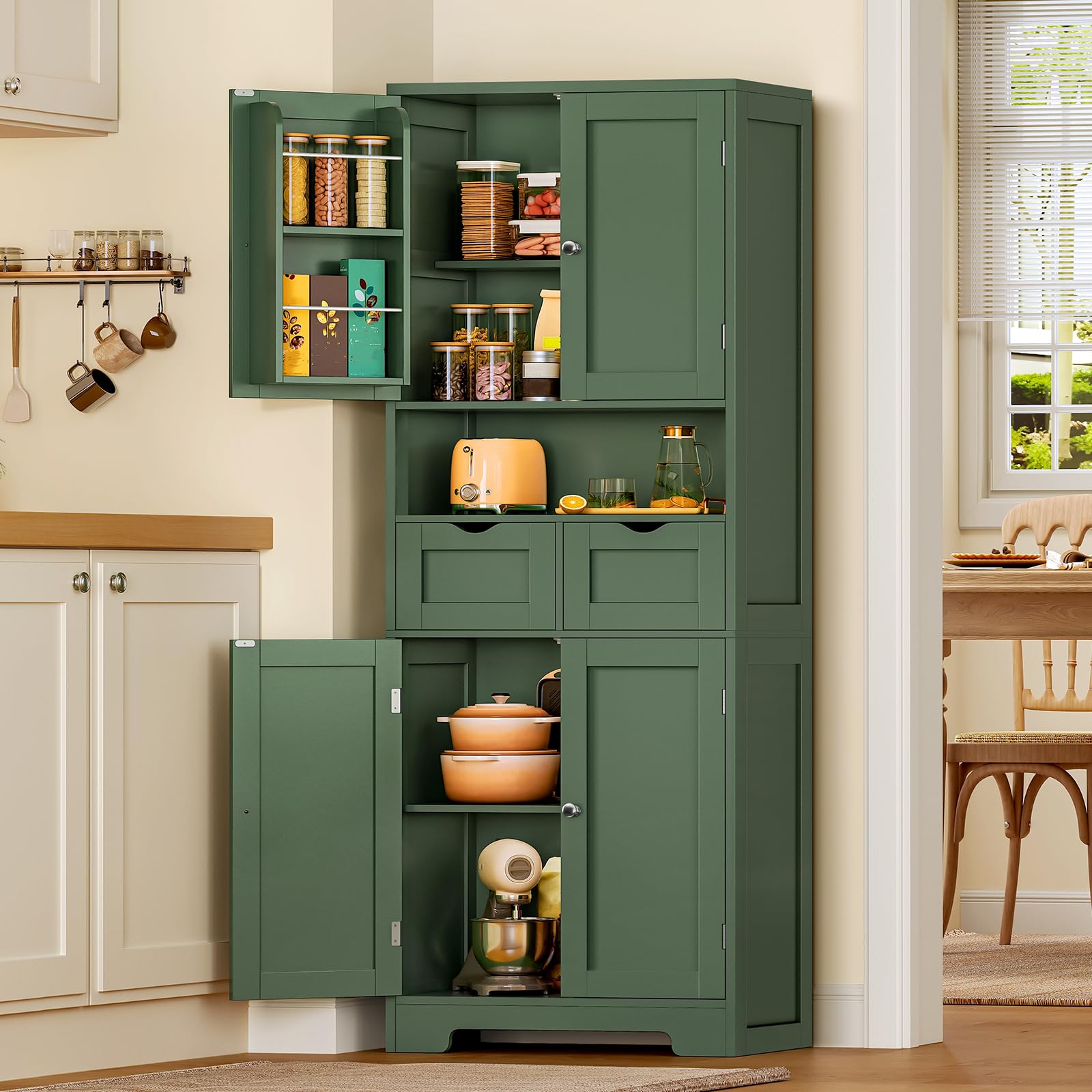 TEENFON Kitchen Pantry Cabinet with Adjustable Shelf, Tall Storage Cabinet with 2 Drawers & 4 Door Shelves, Food Pantry Cabinets, for Kitchen, Dining Room, Living Room, Green