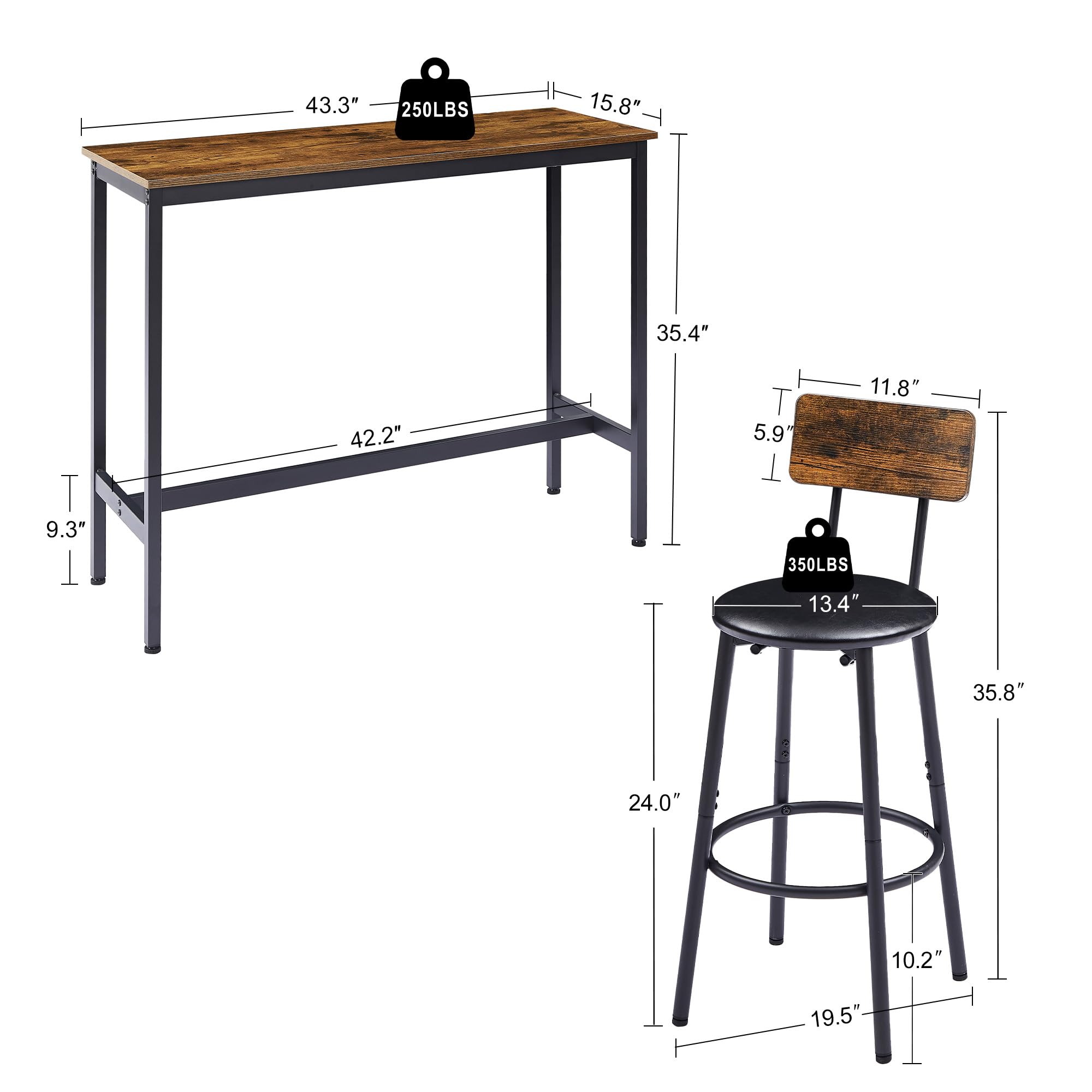 3-Piece Industrial Bar Table Set with 2 Stools