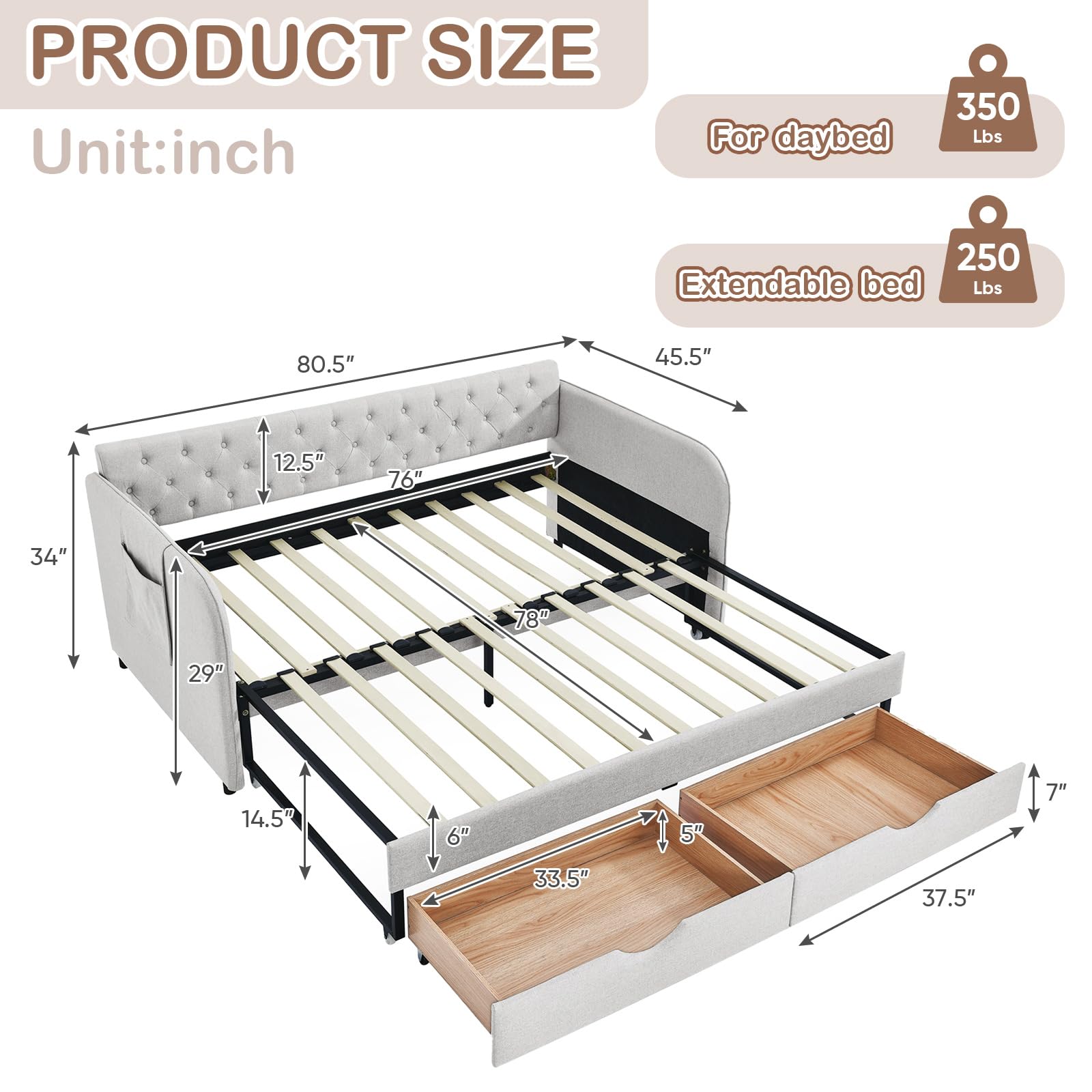 Antetek 80.5" Daybed with Drawer, Modern Button Tufted Linen Day Bed with Trundle Bed Twin to King, Upholstered Daybed Frame w/Storage Pocket for Bedroom, Living Room, No Box Spring Needed, Beige