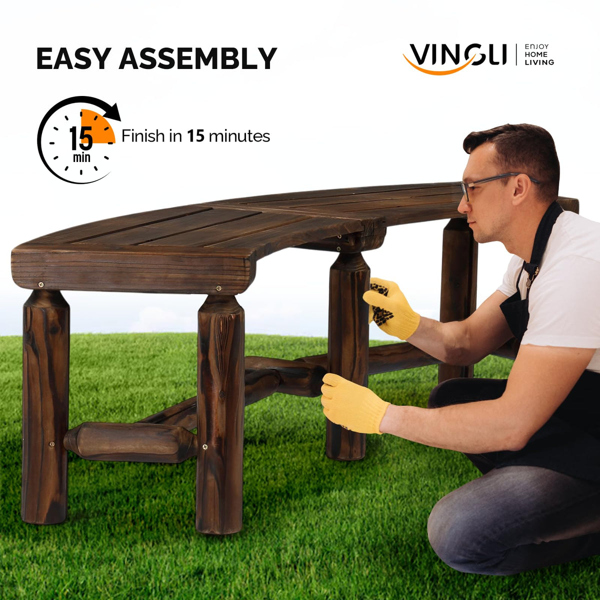 VINGLI Outdoor Bench Wooden Curved Bench, All-Weather Fire Pit Backless Patio Bench, 2-Person Seating Rustic Garden Bench for Backyard Porch Deck Entryway (Carbonized)