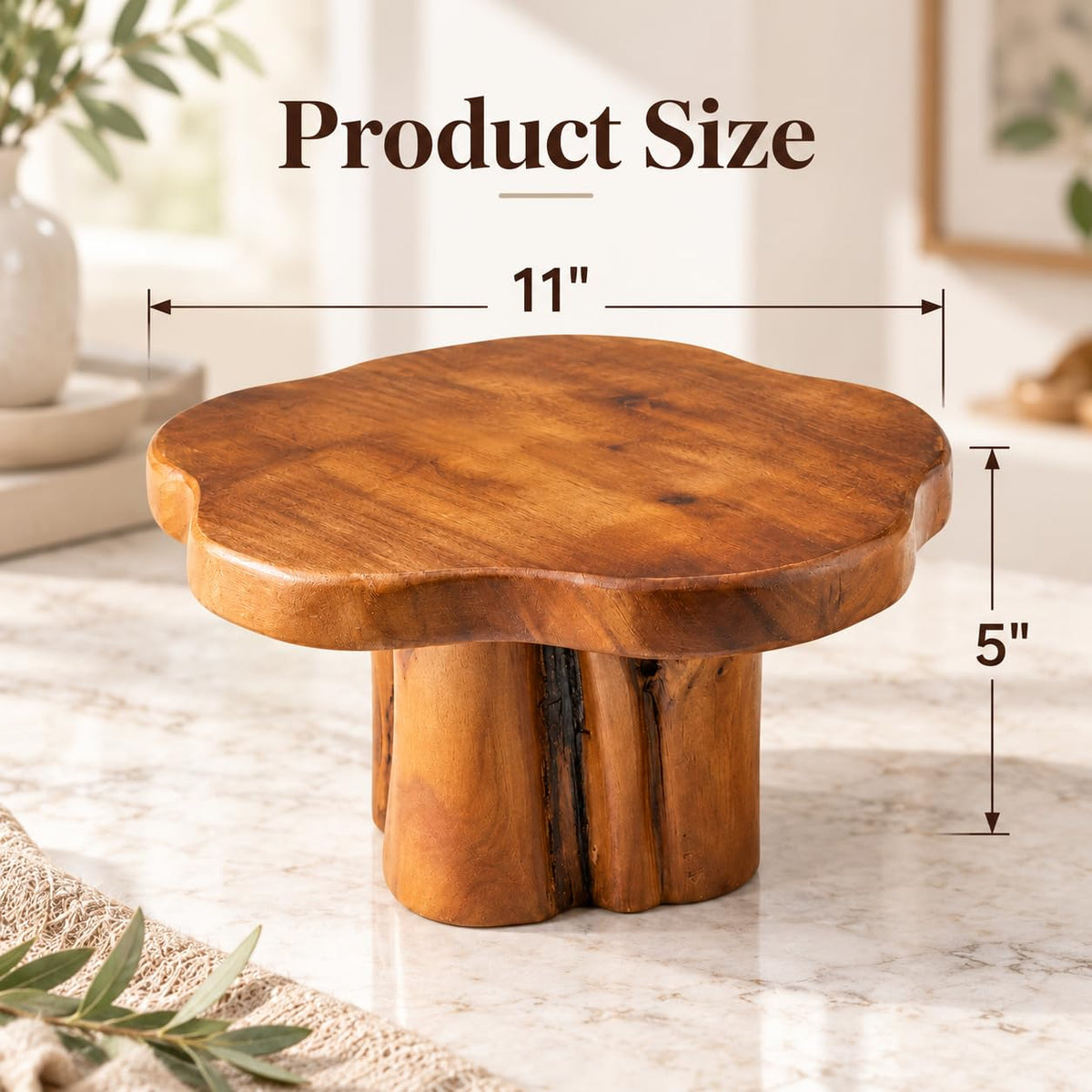 OLLYMER 11" Teak Wood Display Riser, Rustic Pedestal Stand for Decor