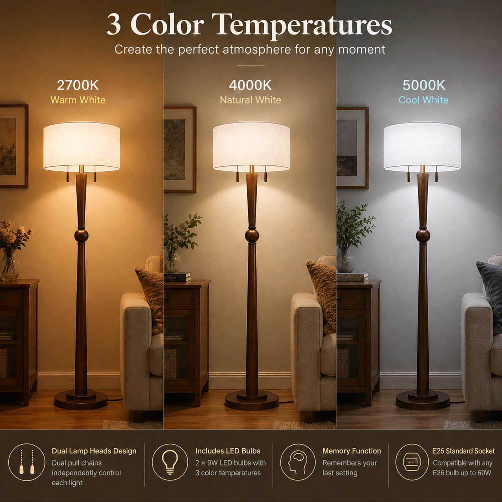 MOFFE 62.8" Solid Oak Wood Floor Lamp, Tall Standing Lamp with 2-Light Pull Chains, 17" White Linen Drum Shade, Sculptural Wood Base & Stem, Includes 2 LED Bulbs for Living Room, Bedroom, Office
