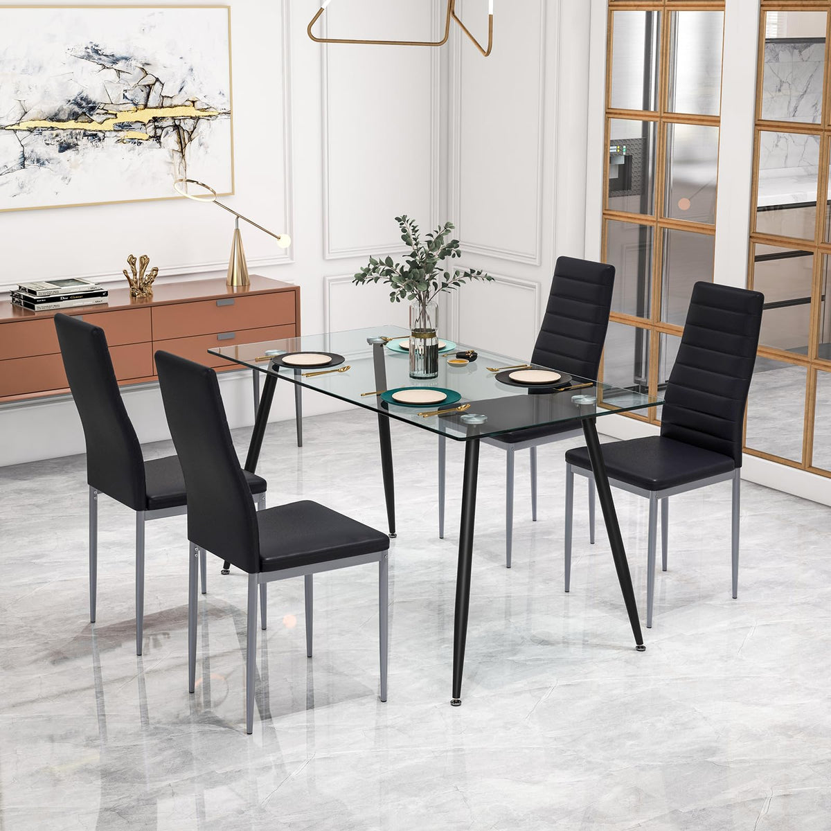 GIANTEX Dining Table Set for 4, Kitchen Table Chairs Set with 51” Rectangle Glass Table, 4 Padded Dining Chairs, Metal Structure, Dinette Table for Breakfast Nook, Living Room, Restaurant, Black
