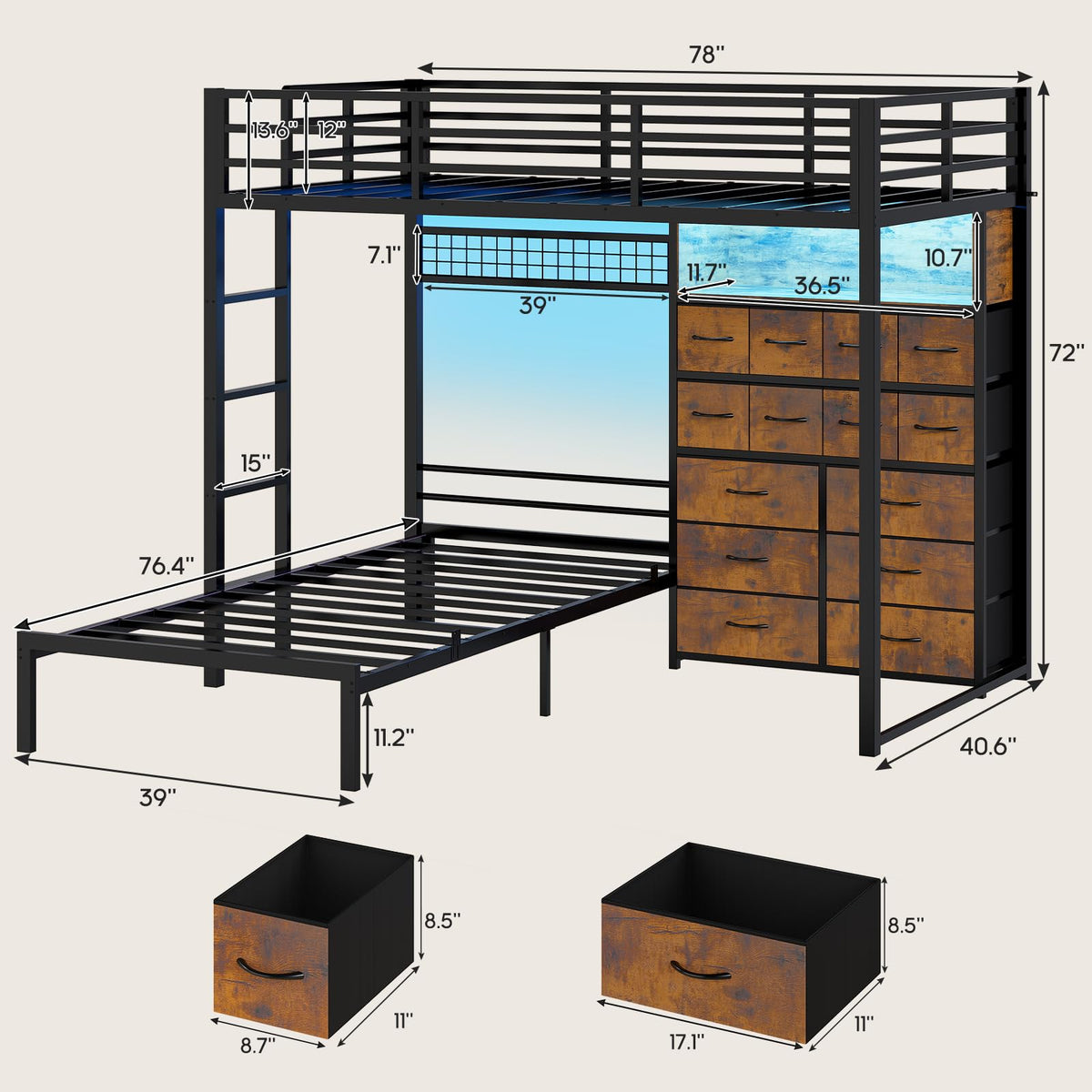 BTHFST Bunk Bed Twin Over Twin with 14 Drawers, Bookshelf, Rustic Brown