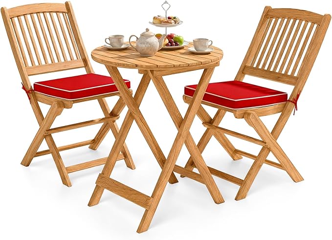 3-Piece Folding Acacia Wood Patio Bistro Set with Cushioned Chairs