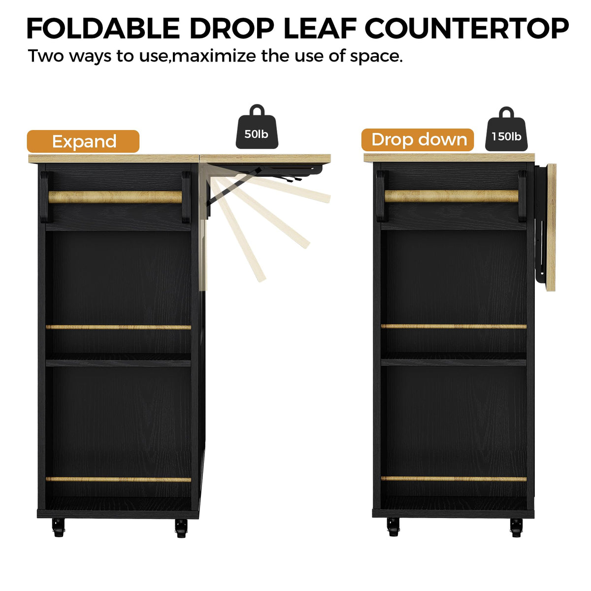IRONCK Kitchen Island with Storage, 47.2" Rolling Cart with Drop Leaf