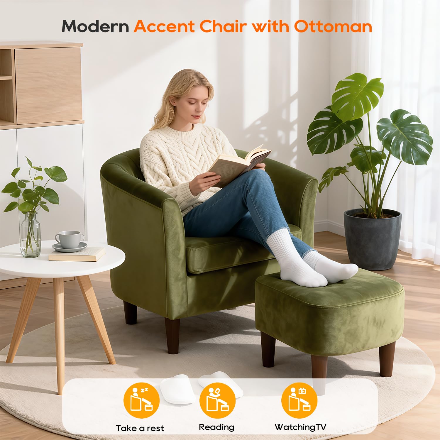 Velvet Accent Chair with Ottoman