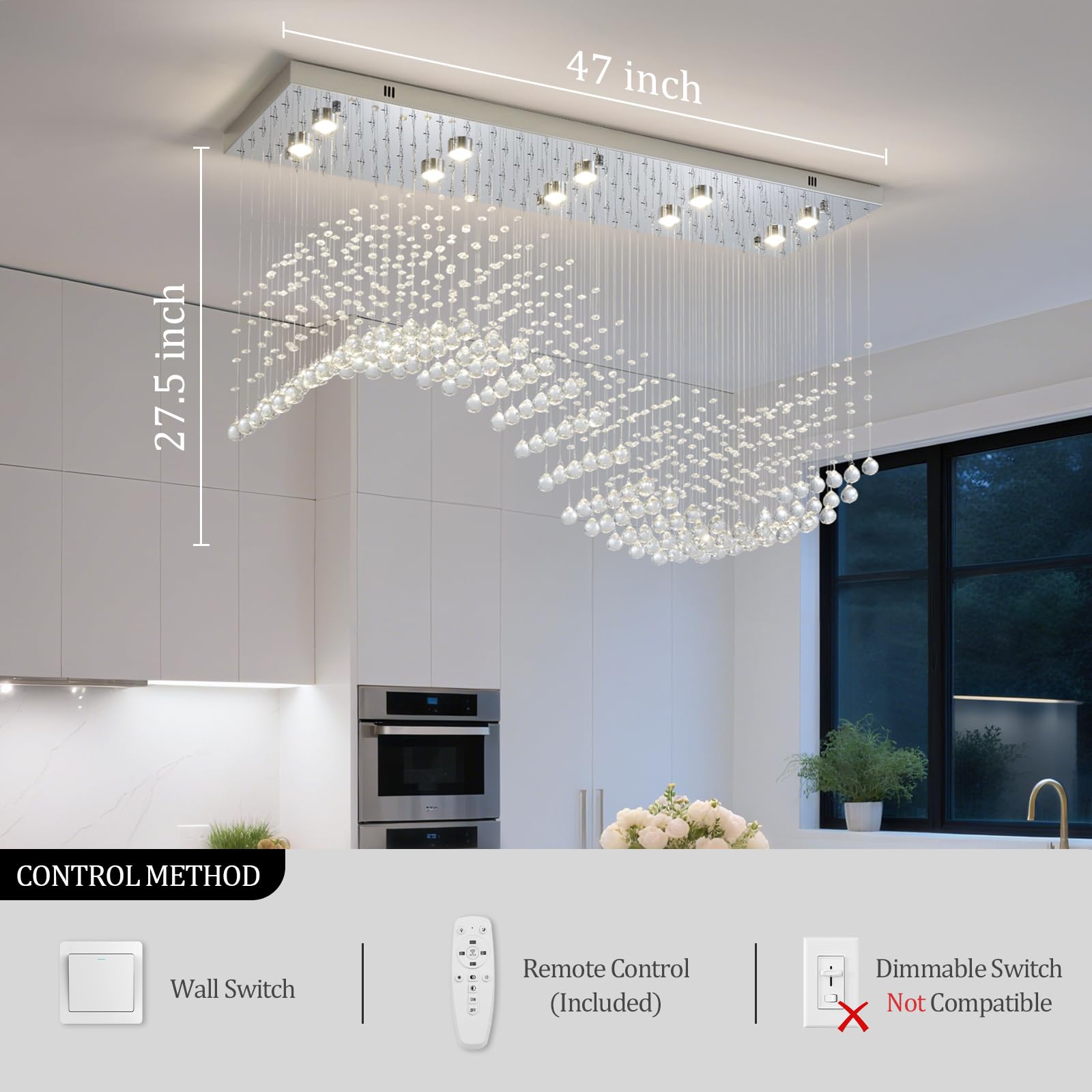 Modern Rectangle Crystal Raindrop Chandelier: 47" Long Chrome Dimmable Led High Ceiling Chandeliers with Remote - Silver Wave Raindrop Flush Mount Ceiling Light Fixture for Dining Living Room Kitchen