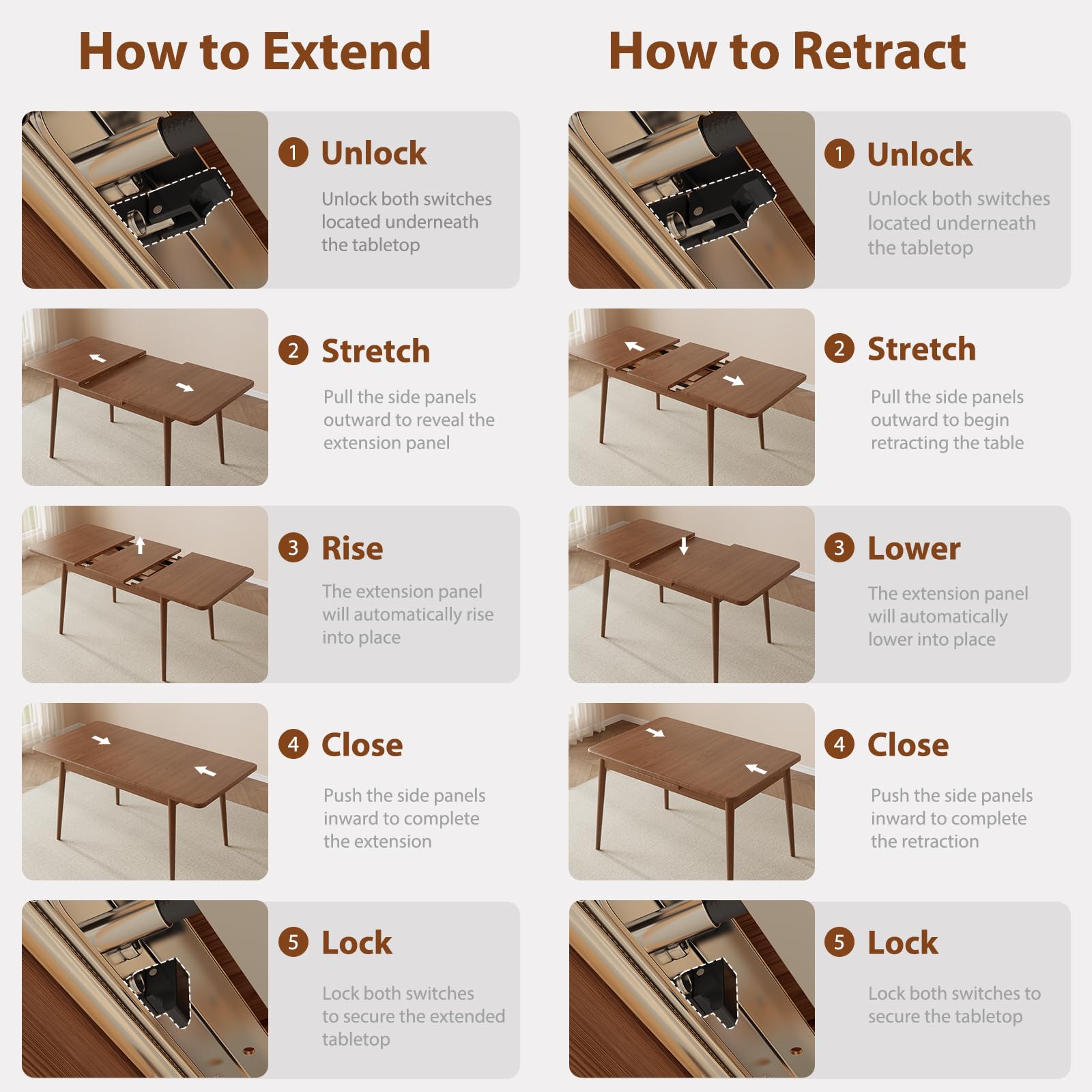 Muwuele Solid Wood Extendable Dining Table for 4-8 People with Seamless Extension from 47.2 to 63 Inches, Easy Assembly, Expandable Tables for Small Spaces, Dining Room, Kitchen, Living Room, Walnut