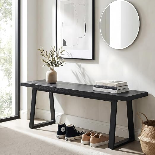 60" Backless Slatted Bench, Solid Wood with Metal Legs