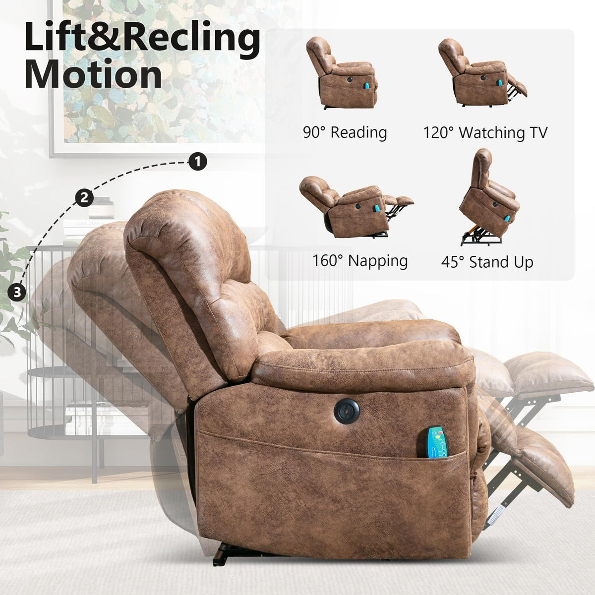 HAOMARKETS Oversized Power Leather Lift Recliner with Massage and Heat for Elderly, Electric Lifting Reclining Chair with Side Pockets and USB Port for Living Room, Brown