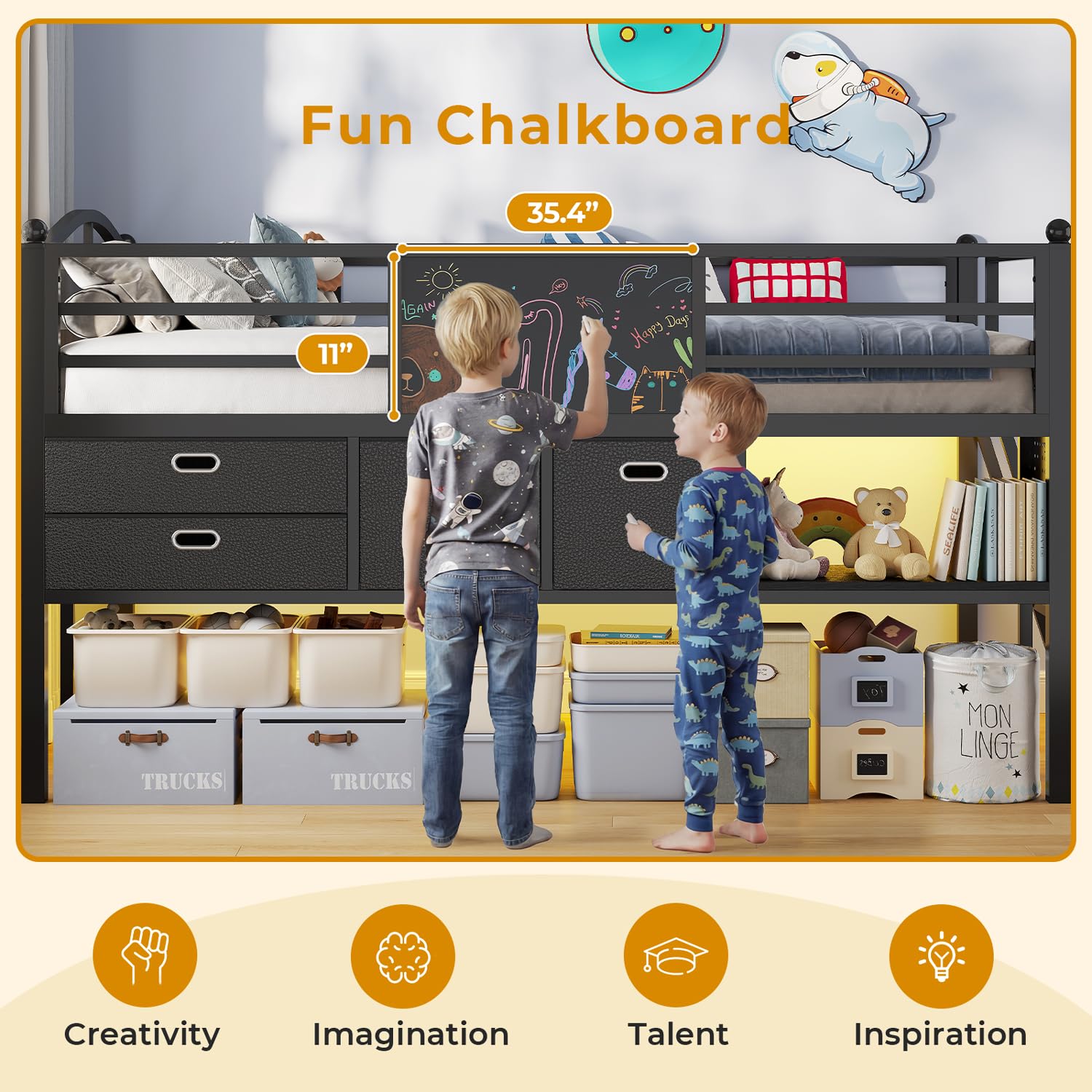 ADORNEVE Low Loft Bed Twin Size with Trundle & LED Lights, Kids Loft Bed with 4 Storage Drawers & Open Cubbies & DIY Pegboard, Twin Loft Bed with Safety Guardrail,Under-Bed Play Zone, Black