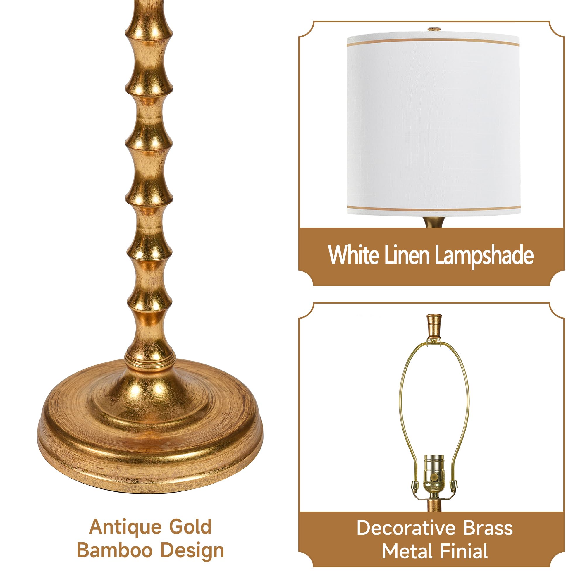 64.5" Vintage Gold Floor Lamp with Linen Drum Shade