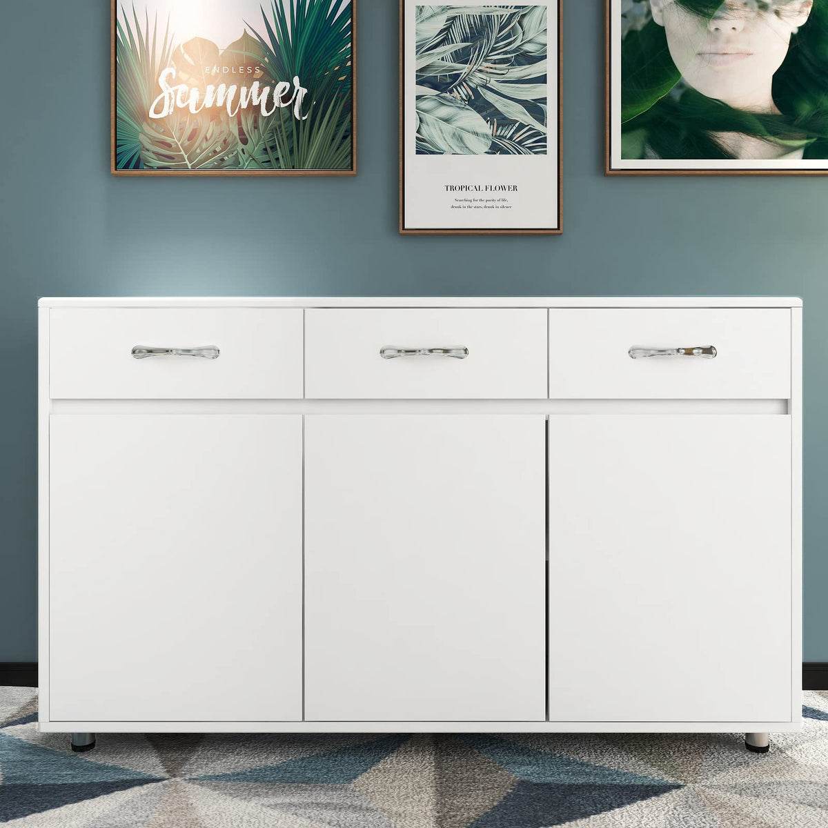 GLCHQ Storage Drawer File Cabinet Side Cabinet Entryway Console Side Tables with Three Drawers and Three Doors for Office or Kitchen Room (Three Doors, White)