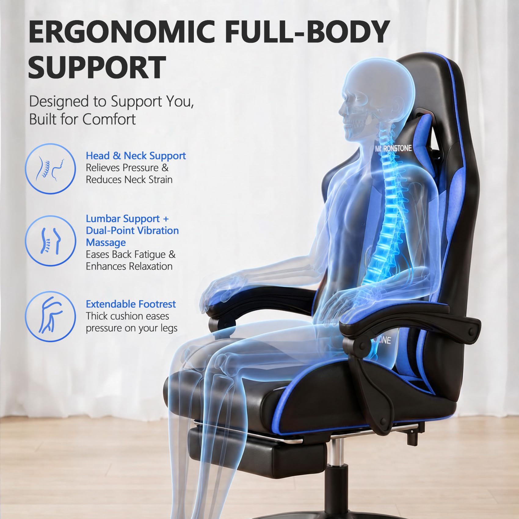 Mr IRONSTONE Gaming Chair with Footrest, Ergonomic Reclining Gamer Chair with Lumbar Support & Massage, High Back Racing Style Video Game Chair, Adjustable Headrest, Swivel Desk Chair, Blue