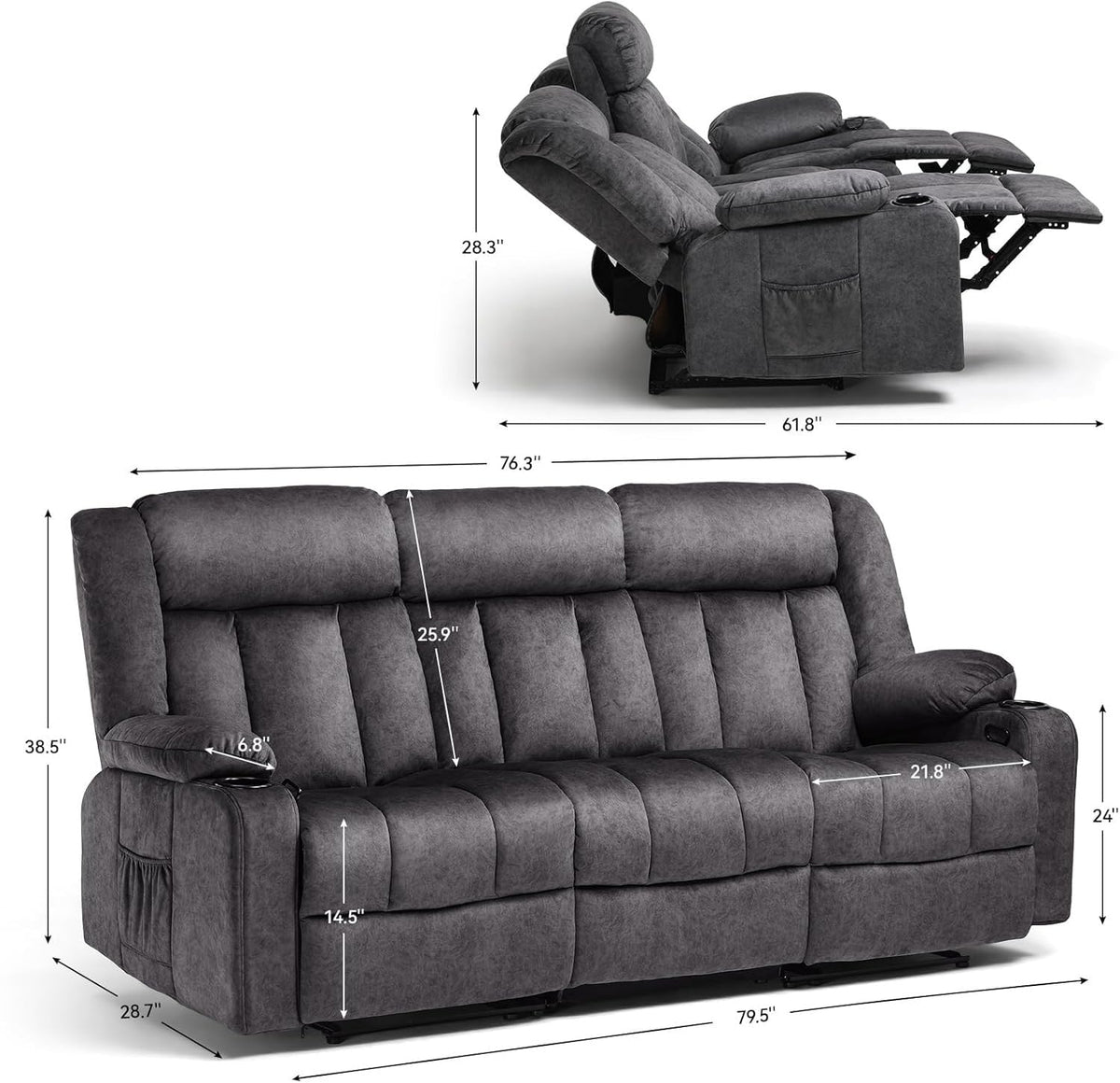 Gray Fabric Reclining Sofa