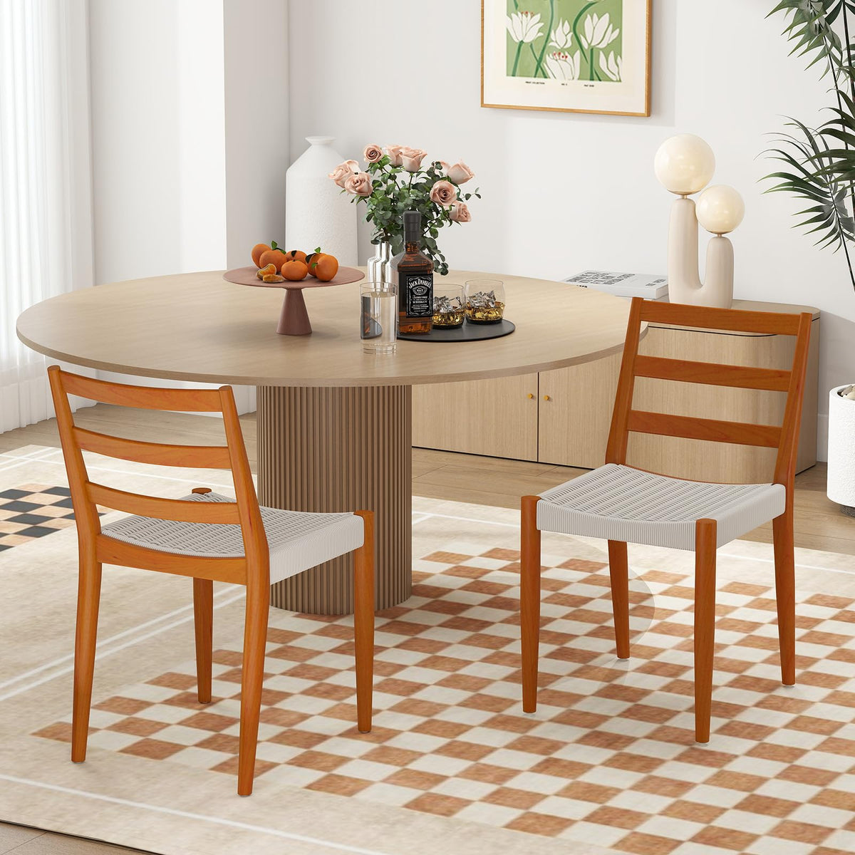 Bonzy Home Wood Rattan Armless Dining Chairs Set of 6, Brown&Beige