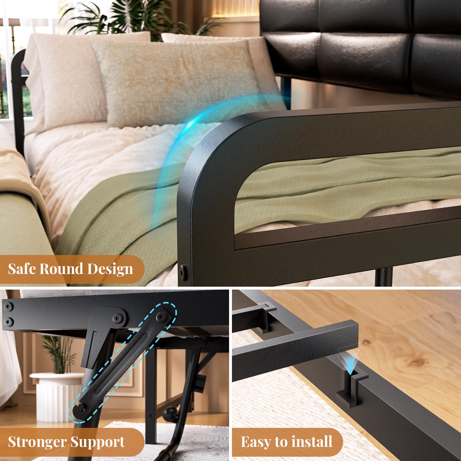 Homieasy Daybed with Trundle, Twin Day Bed with Upholstered Headboard and Charging Station, Metal Twin Sofa Bed Frame Pop-up Trundle Bed for Bedroom and Guest Room, Rustic Brown