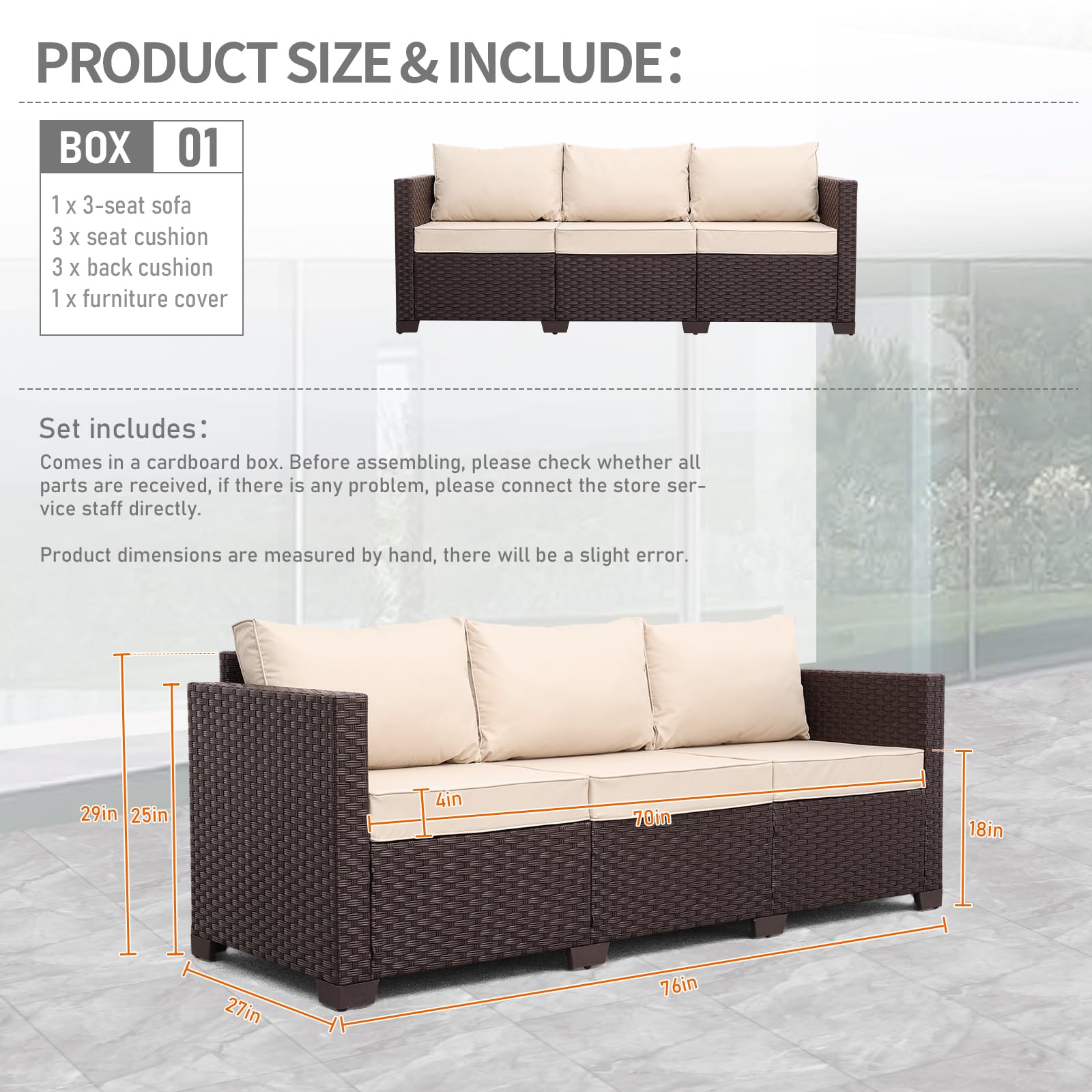 3-Seat Outdoor Wicker Sofa with Deep Seat & Non-Slip Cushions