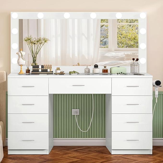 9-Drawer Vanity Desk with Lighted Mirror
