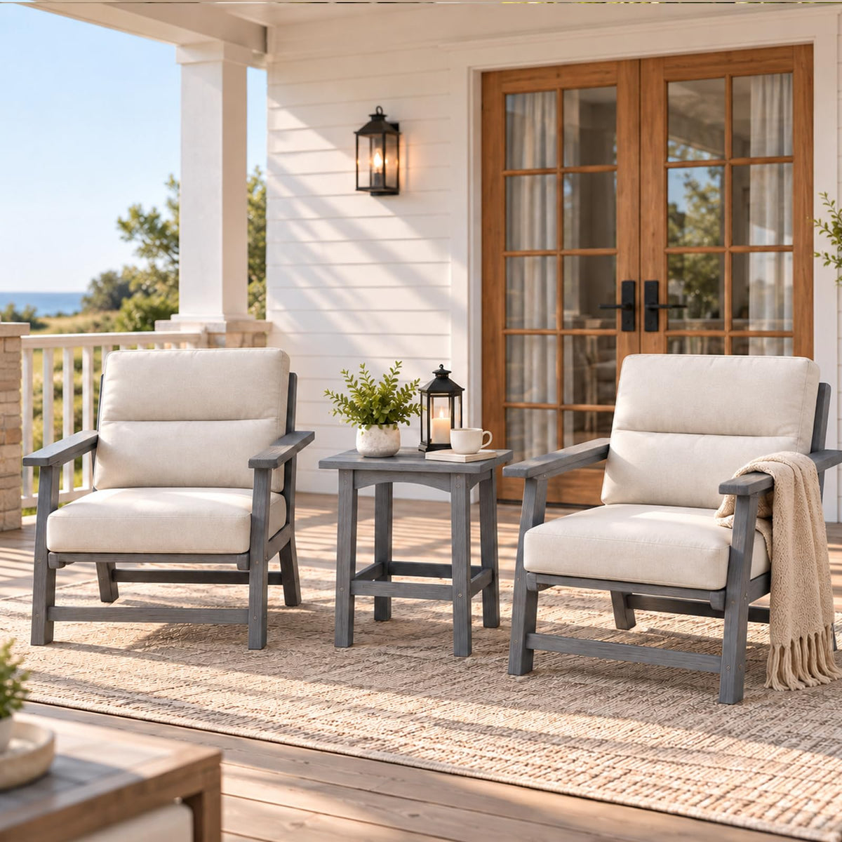 Polyhouz 3 Piece Patio Bistro Set, Outdoor Table Chairs with Cushion, Grey