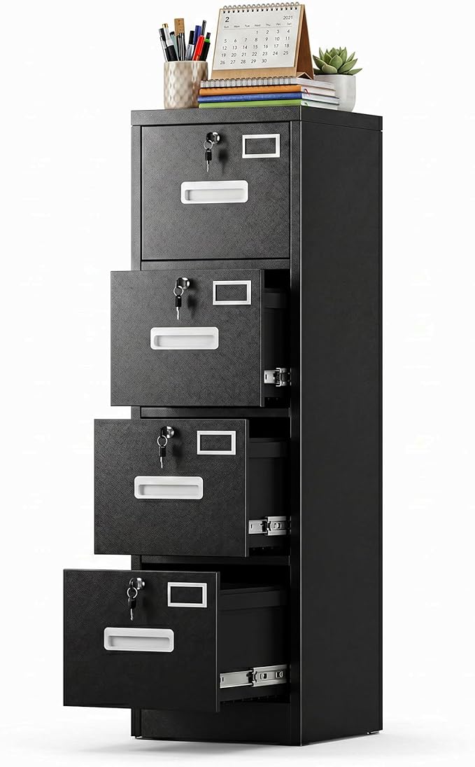 4-Drawer Metal File Cabinet with Lock & Name Card Slots