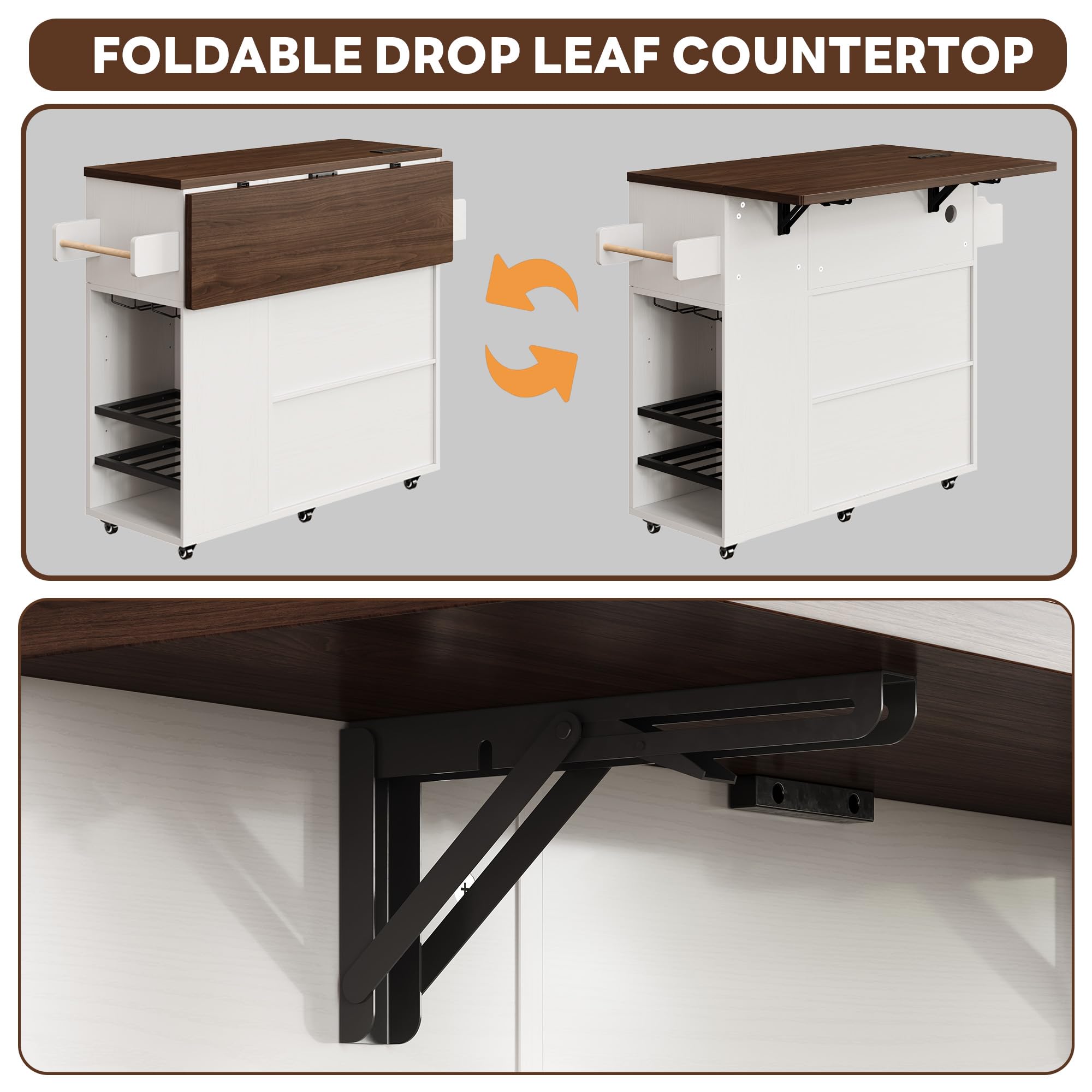 LIKIMIO 51" Mobile Kitchen Island with Drop Leaf & Power Outlet, Kitchen Rolling Island with Storage Cabinets & Drawers, Kitchen Island Cart with Glass Holder & Wine Rack for Dining Room, White