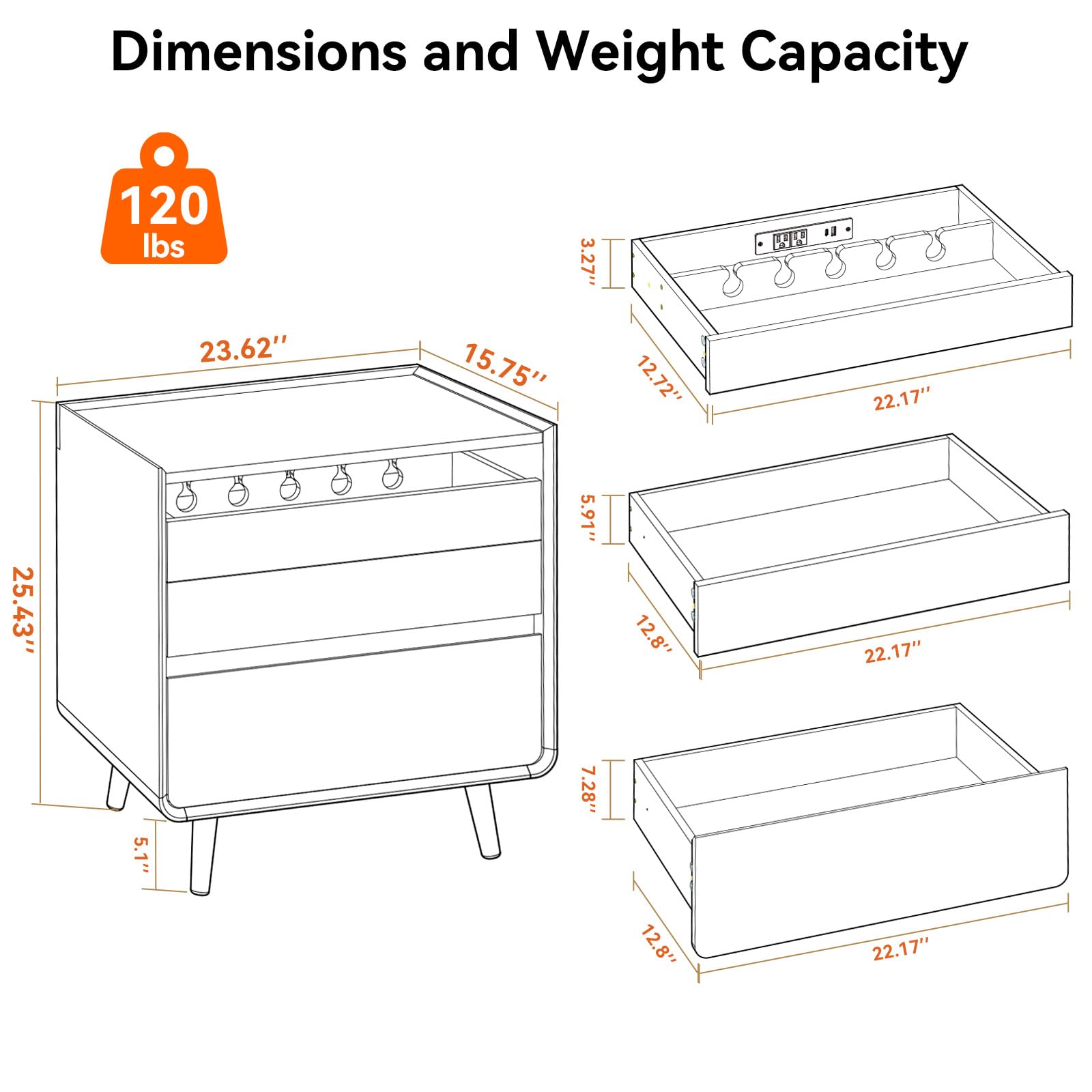 Mid-Century Modern Nightstand with Charging Drawer