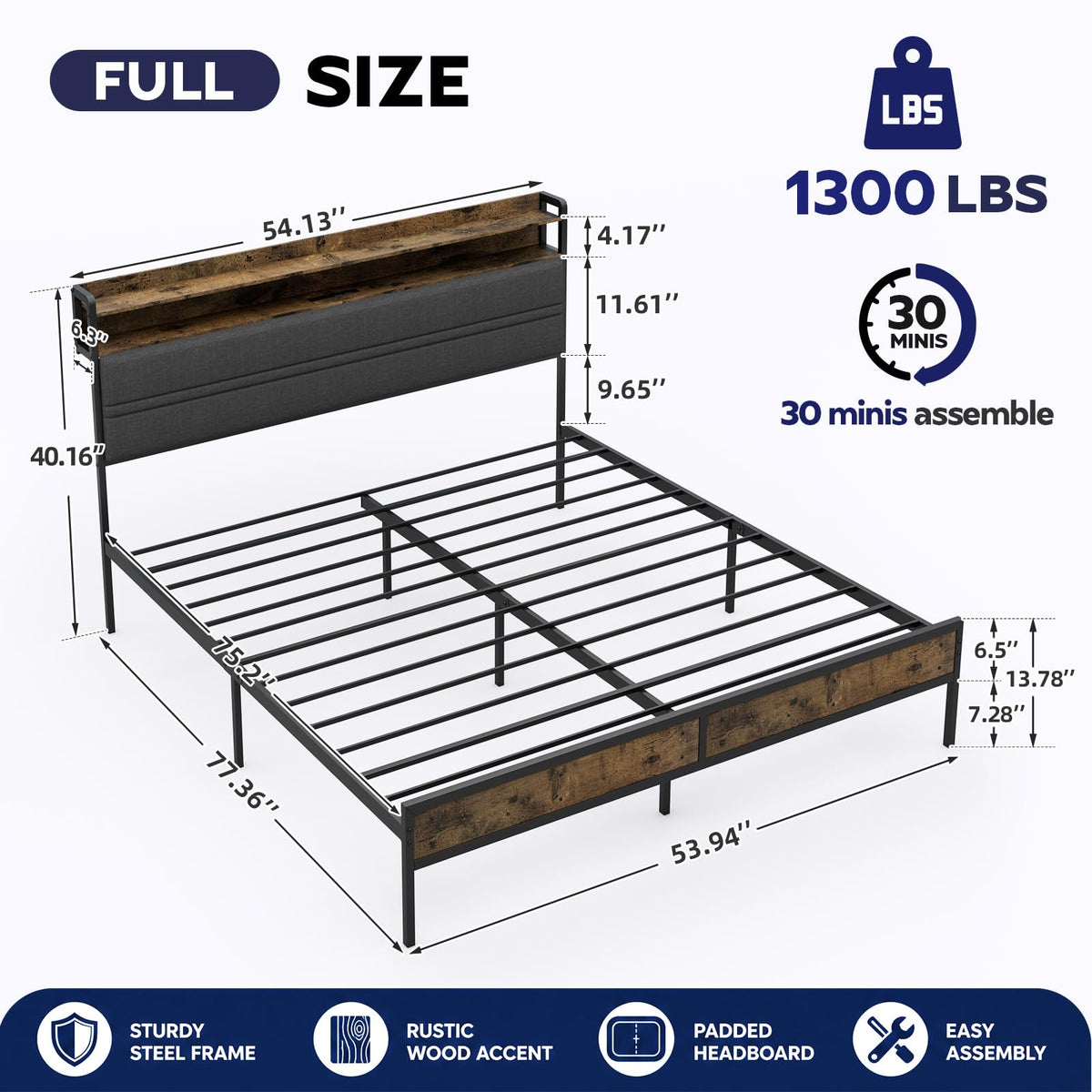 GRUSIGN Full Size Bed Frame with LED Light Storage Headboard and Charging Station,Platform Bed with Grey Upholstered Headboard，No Box Spring Needed, Noise Free, Easy Assembly