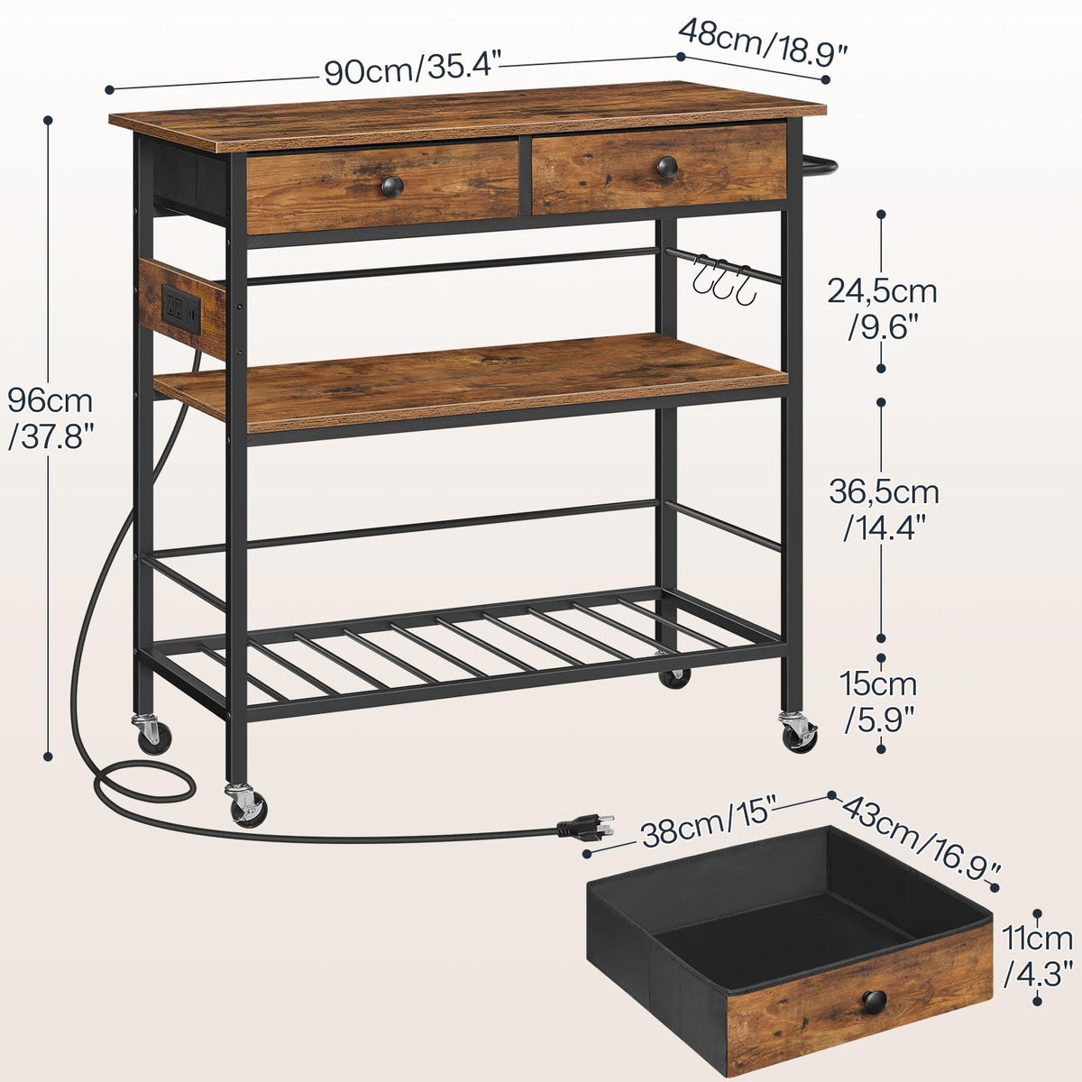 Rolling Kitchen Island with Drawers and Outlet