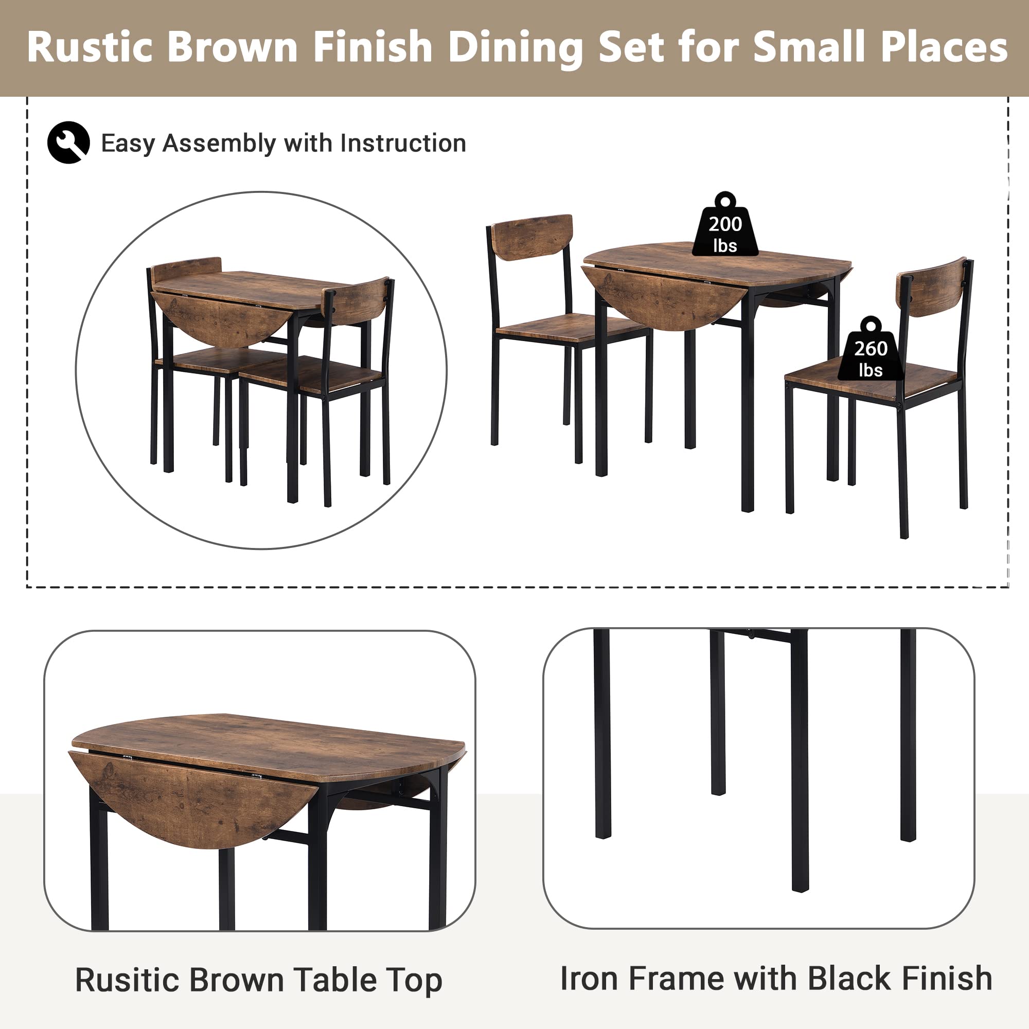 Merax 3-Piece Foldable Dining Table Set for 2 with Drop Leaf Tabletop and Two Chairs for Small Places, Kitchen, Living Room, Apartment, Rustic Brown