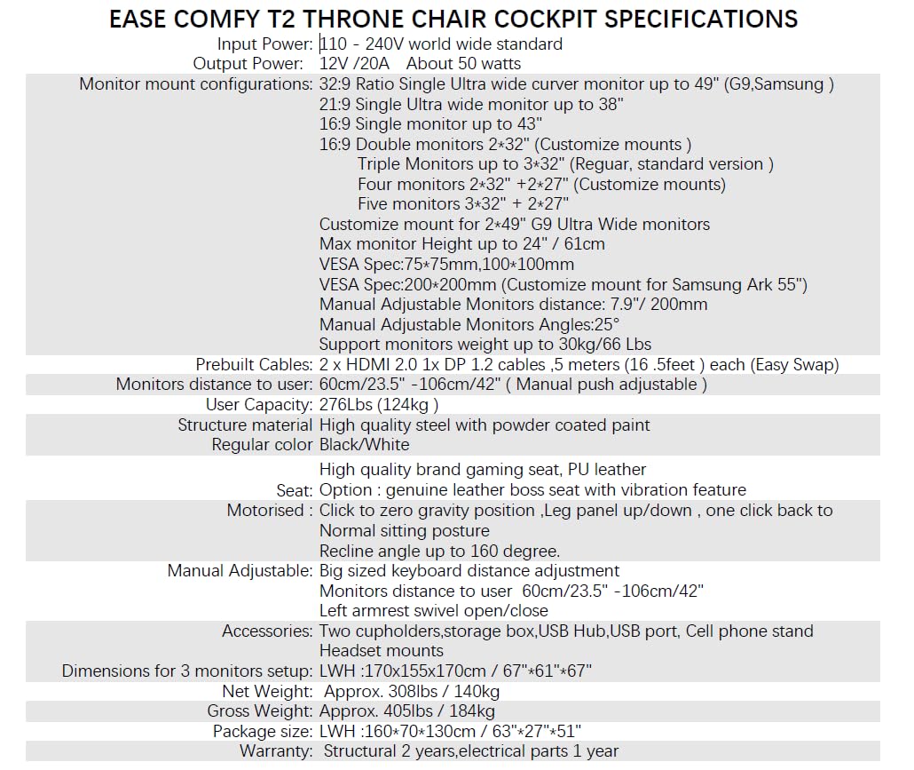 Imperatorworks EASECOMFY T2 Throne Computer Cockpit, Zero Gravity Chair Workstation,can Extend for 5 Monitors Support ultrawide 1 * 49" Option with Massage Function