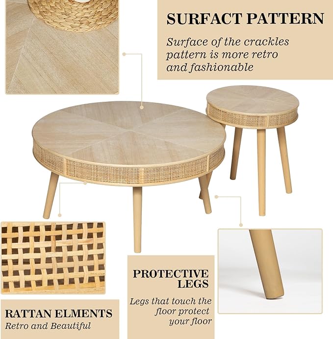 Round Farmhouse Coffee Table Set with Rattan, 2-Pack